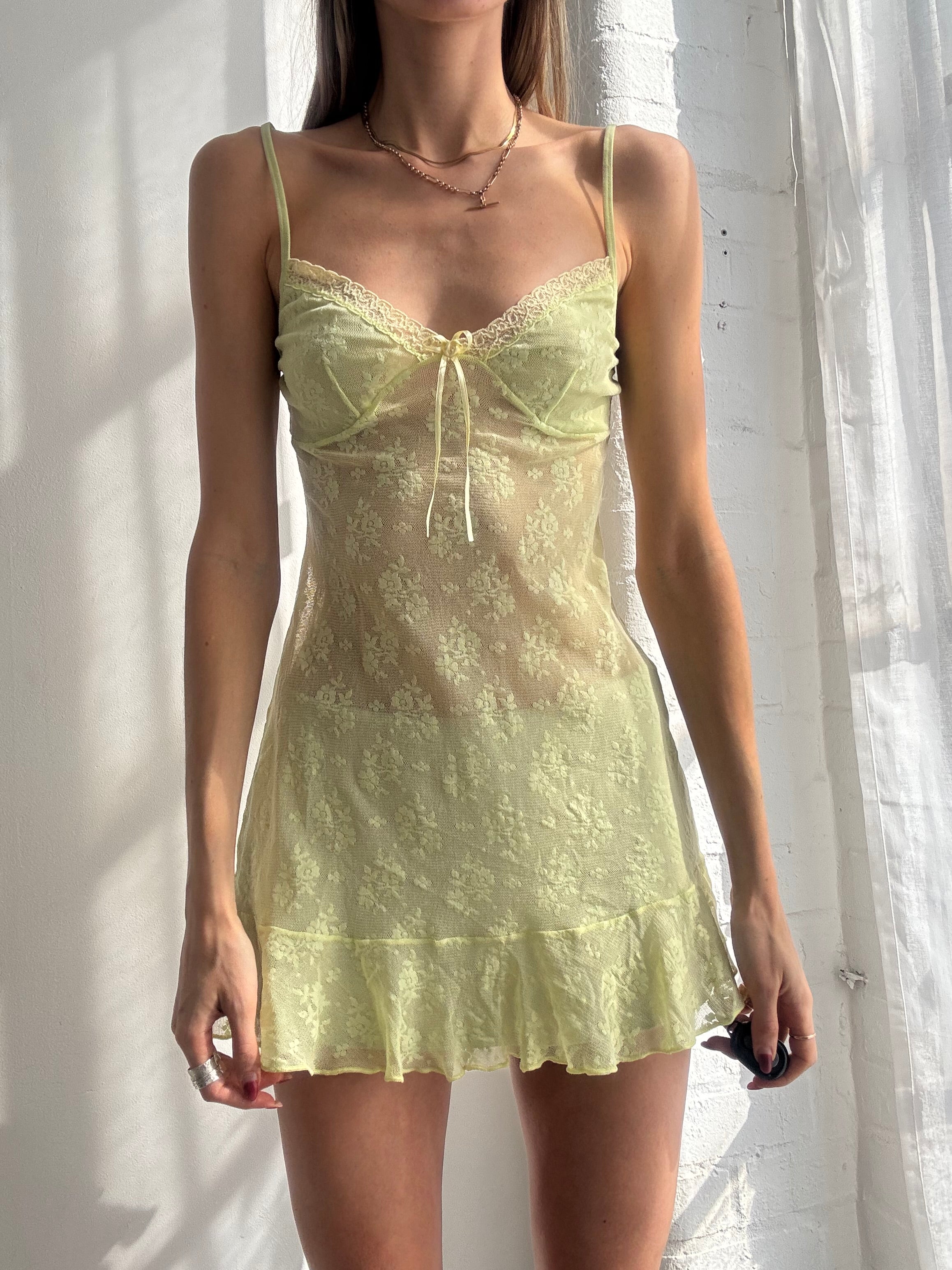 Vintage Y2K lime green lace slip mini dress
