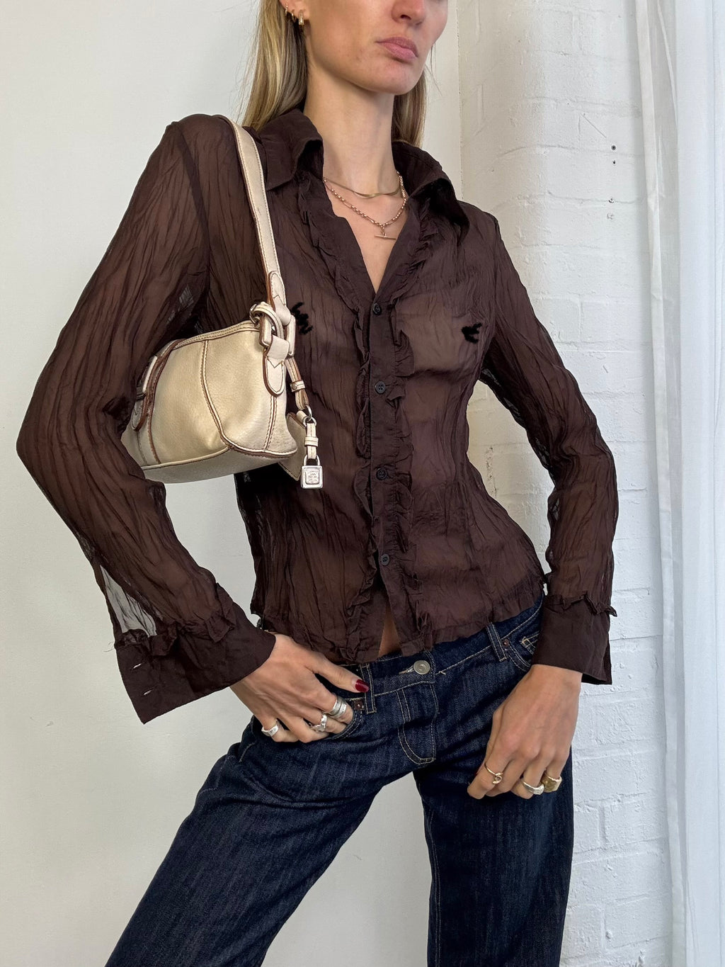 Vintage Y2K brown sheer mesh ruffle shirt