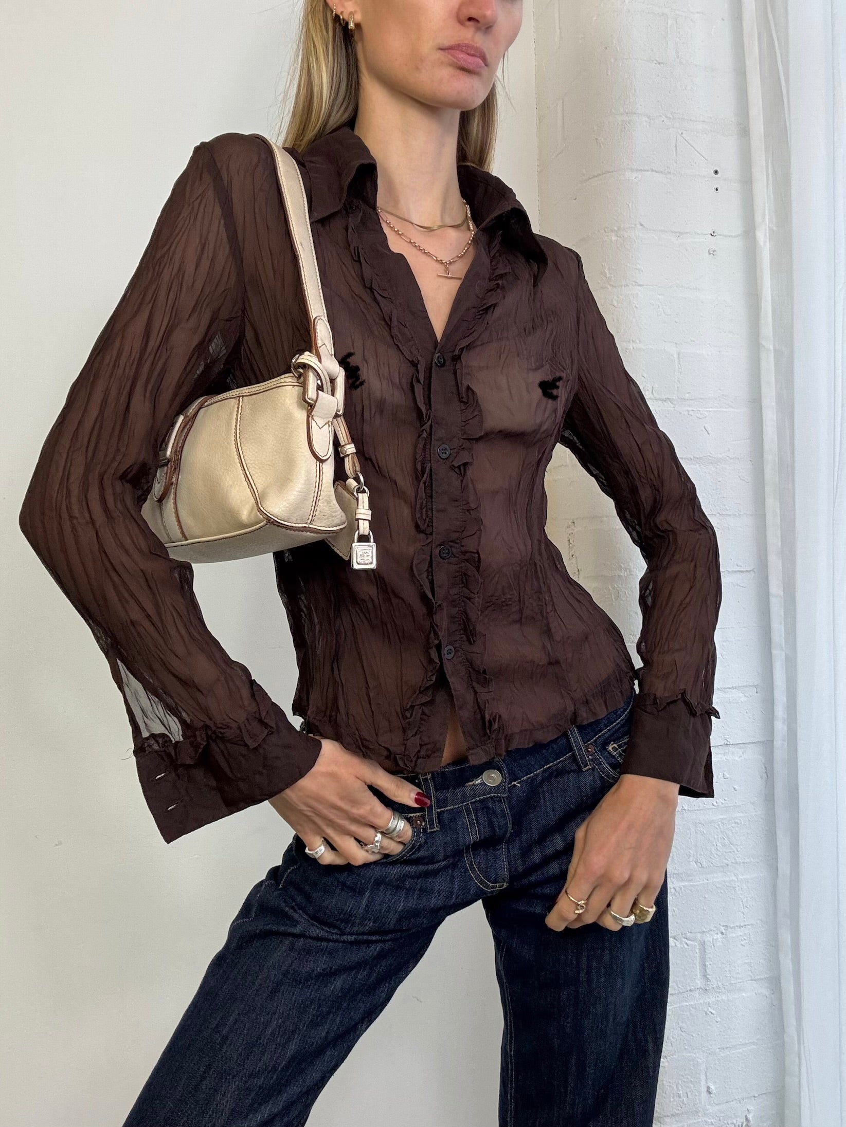 Vintage Y2K brown sheer mesh ruffle shirt
