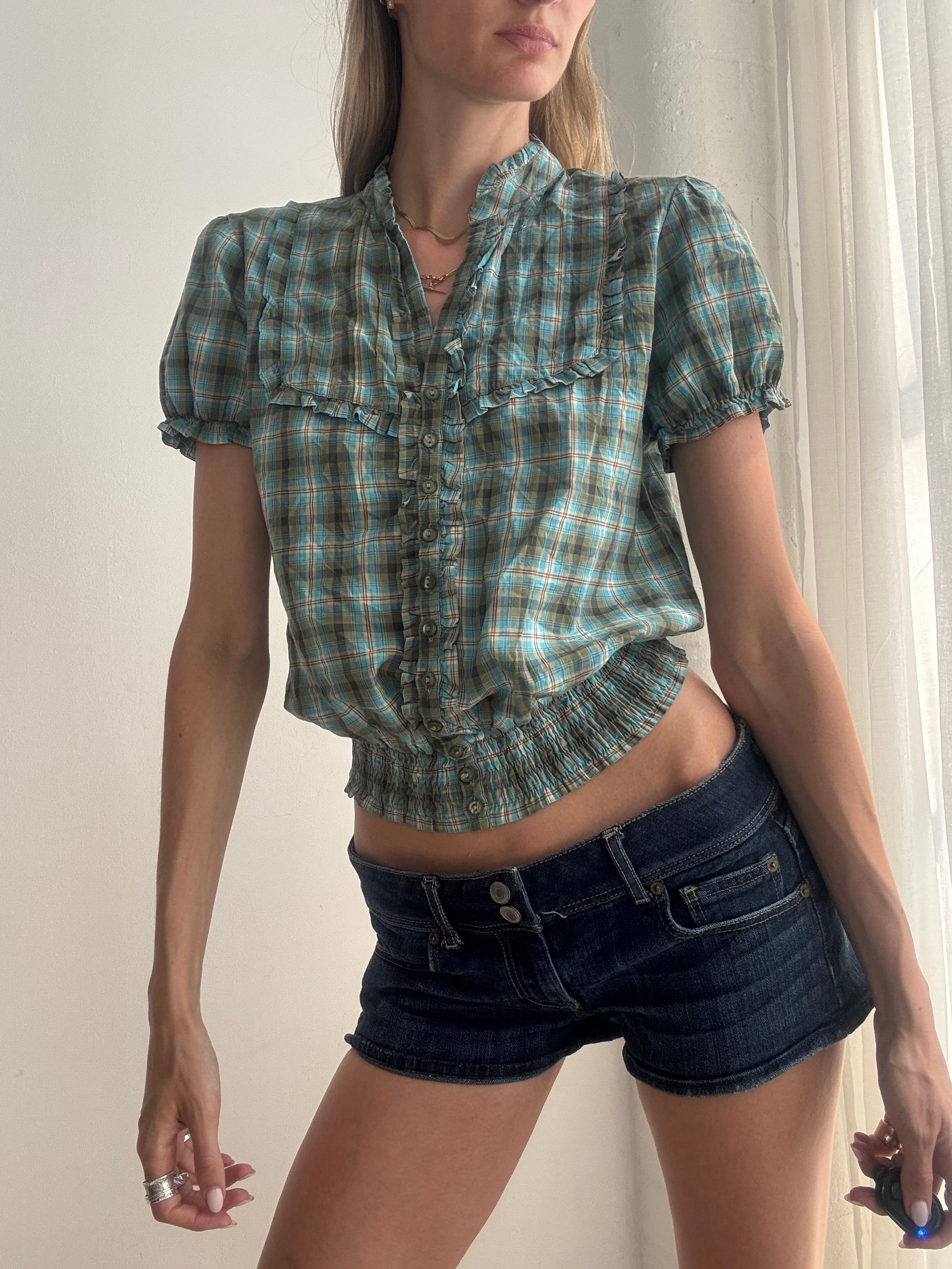 Vintage Y2K Plaid Puff Sleeve Crop Blouse - Size S