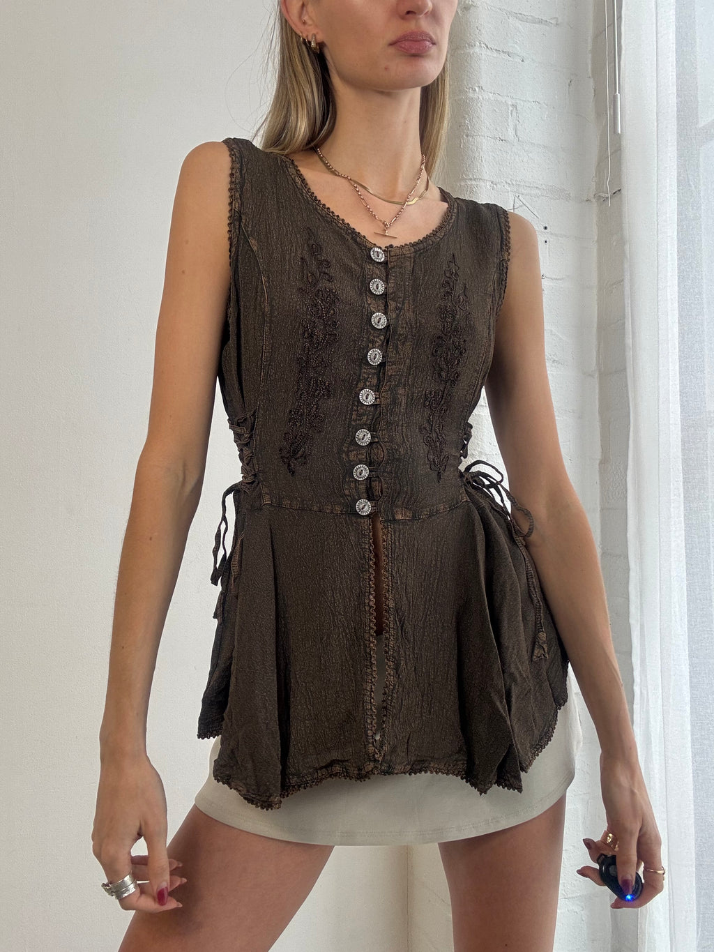 Vintage Y2K brown boho lace up embroidered top blouse boho
