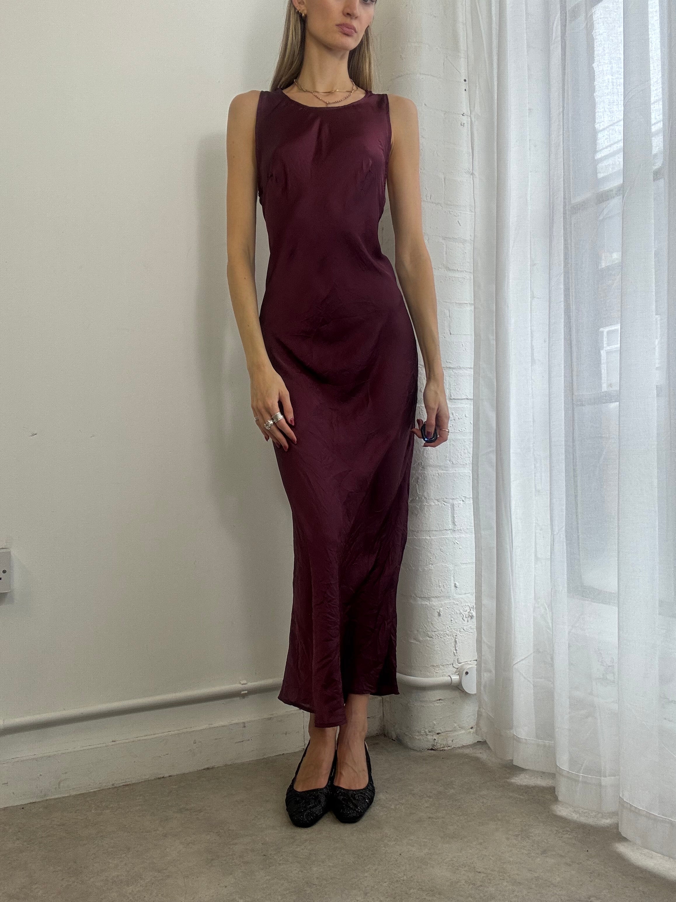 Vintage Y2k Burgundy Satin Maxi Dress Minimal Going Out Evening