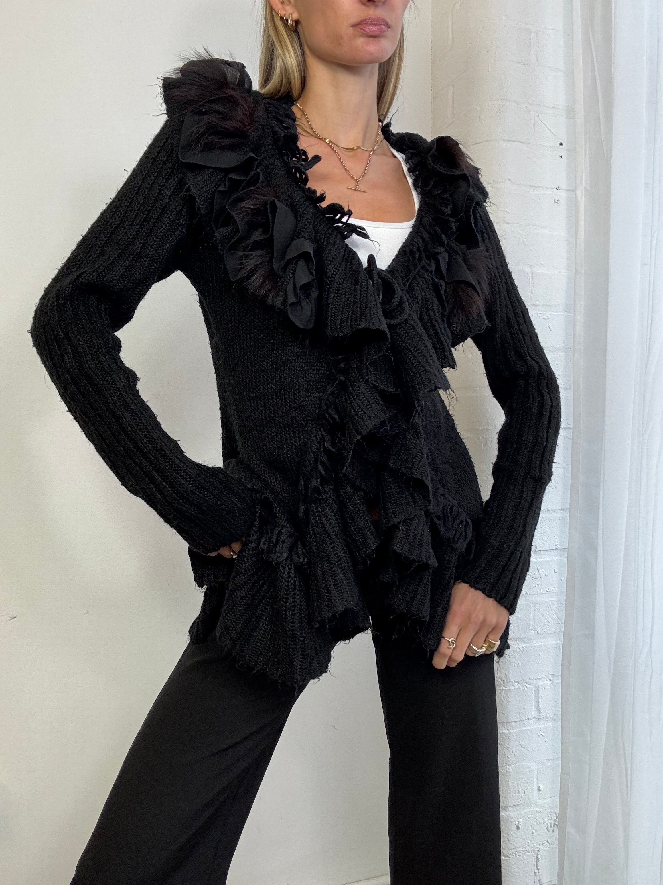 Vintage Y2K black knitted ruffle cardigan