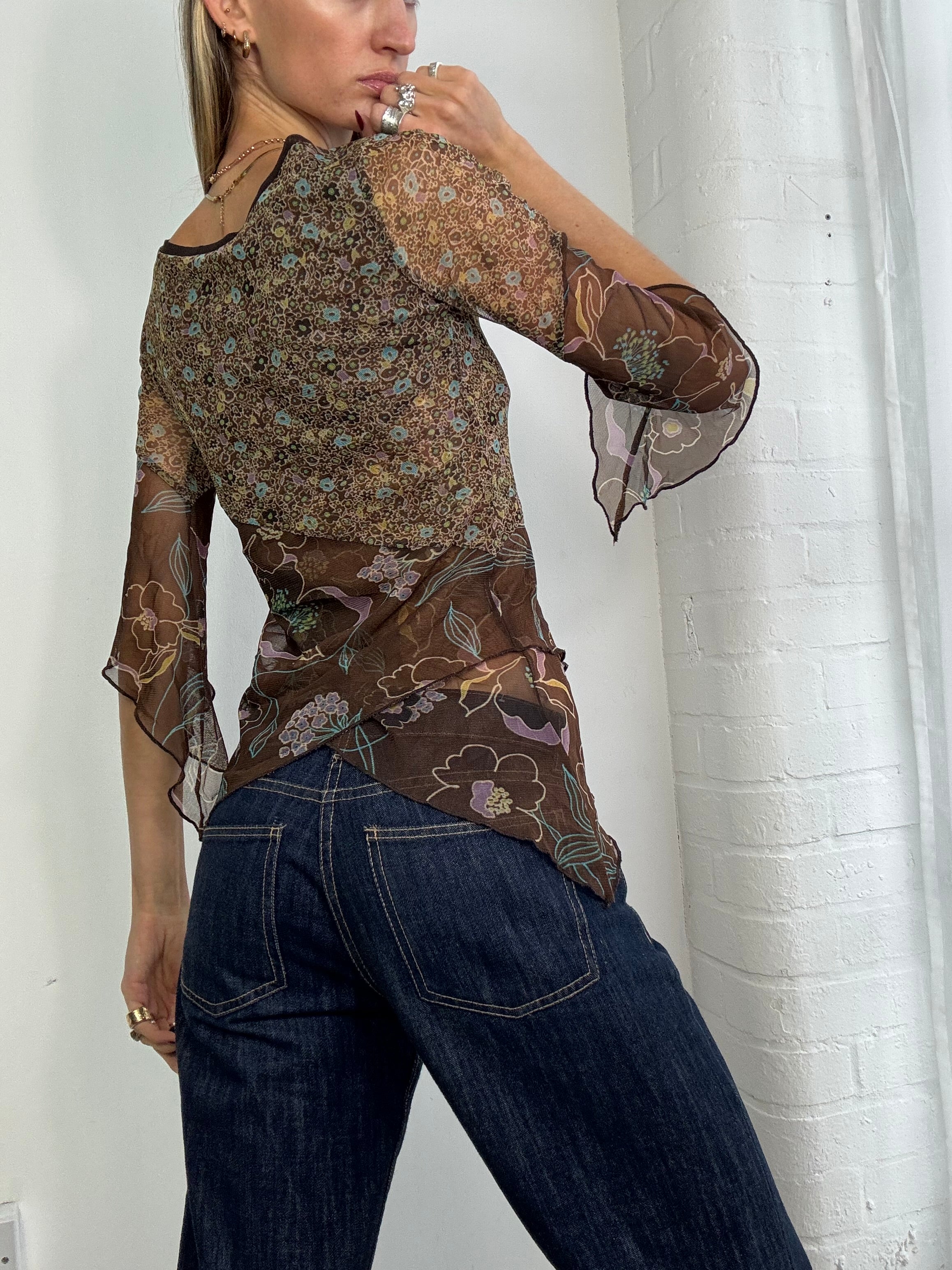 Vintage Y2K floral mesh boat neck top brown