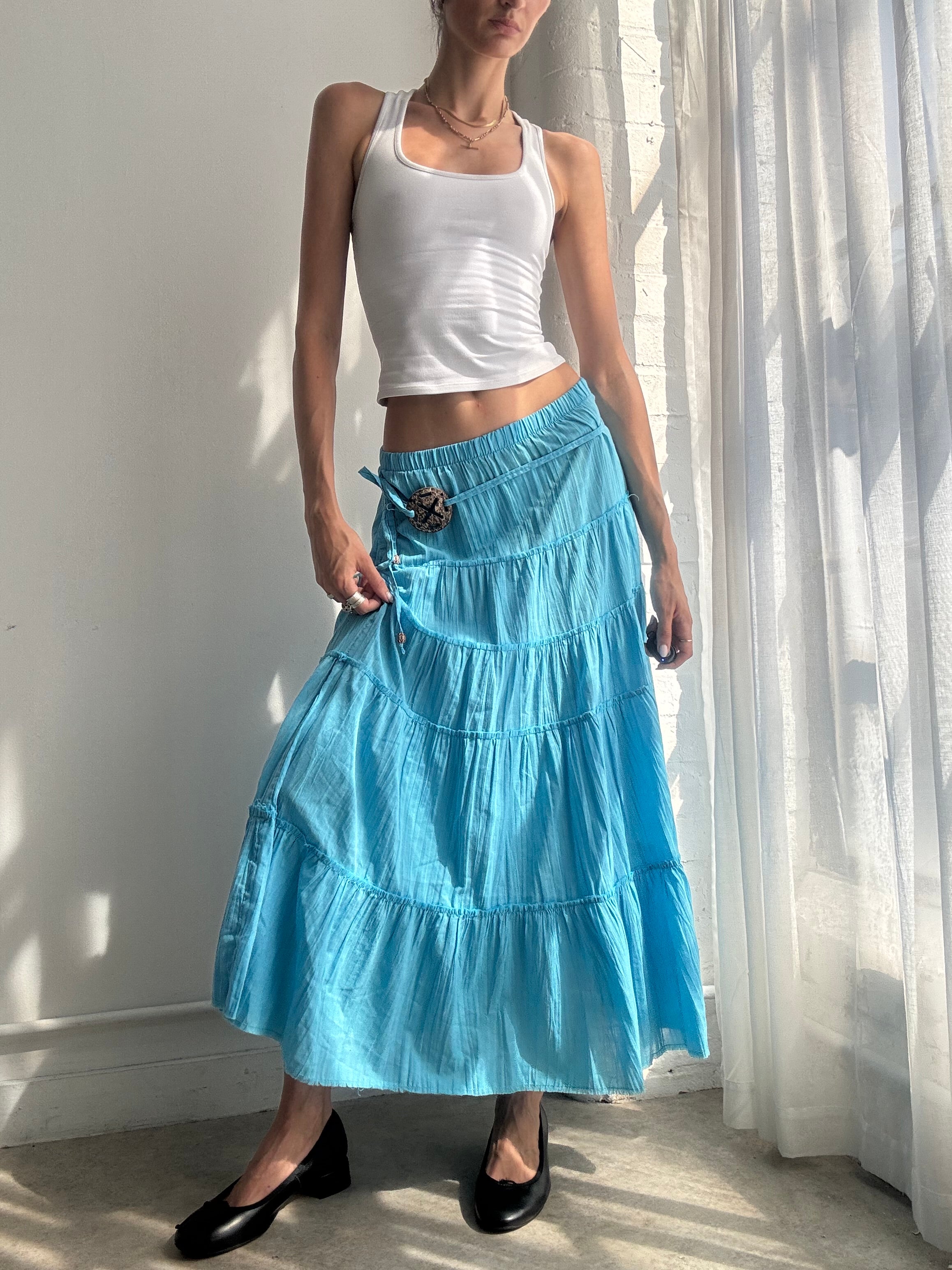Vintage Y2K Turquoise Tiered Maxi Skirt - Size XS/S