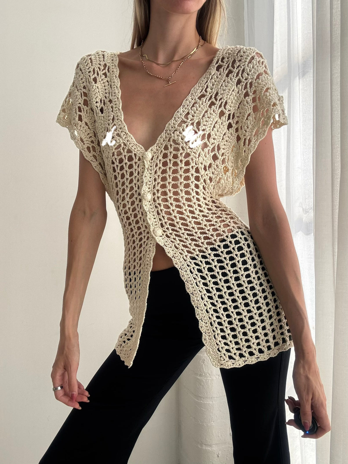Vintage 90s Cream Crochet Button Up Top - Size S