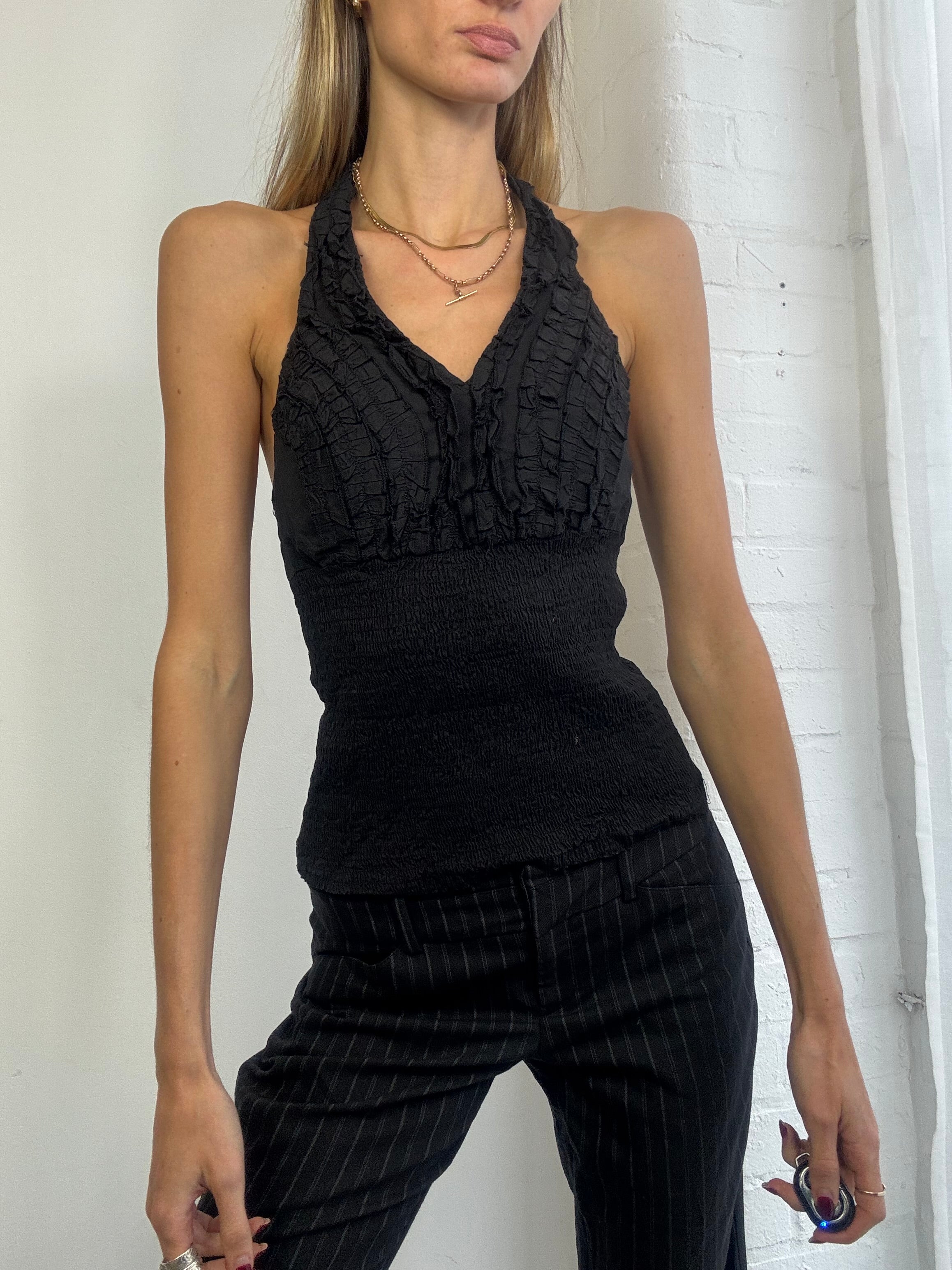 Vintage Y2K shirred ruffle halter neck top black