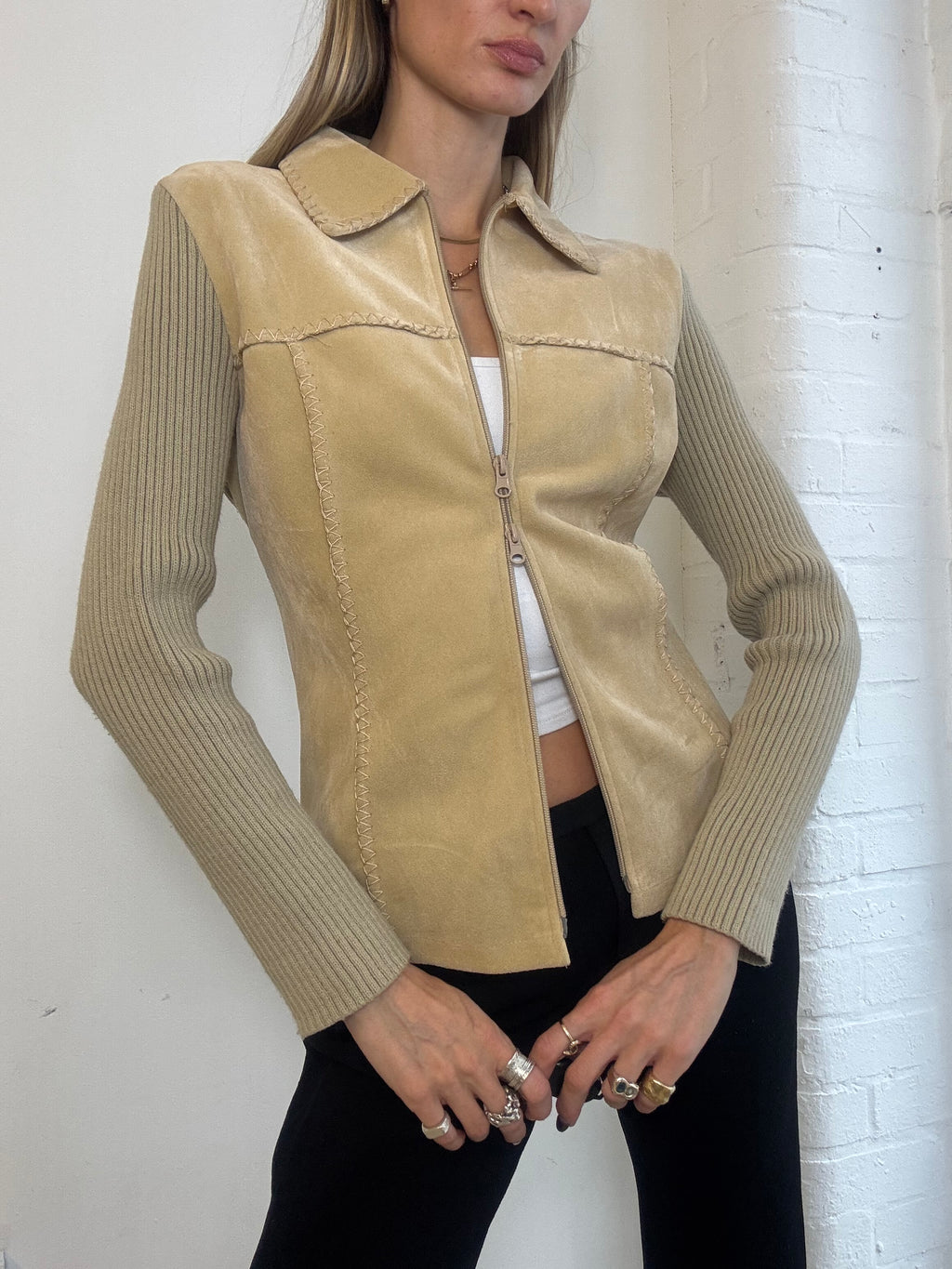 Vintage Y2K List Beige Faux Suede & Rib Knit Zip Jacket - Size M