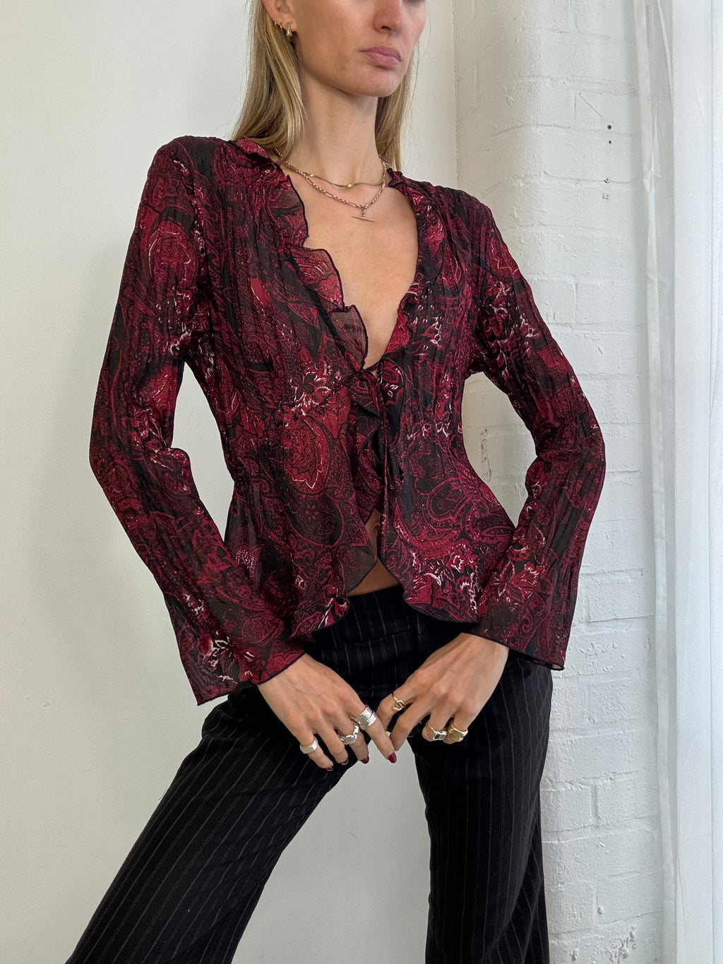 Vintage Y2K tie front ruffle mesh top