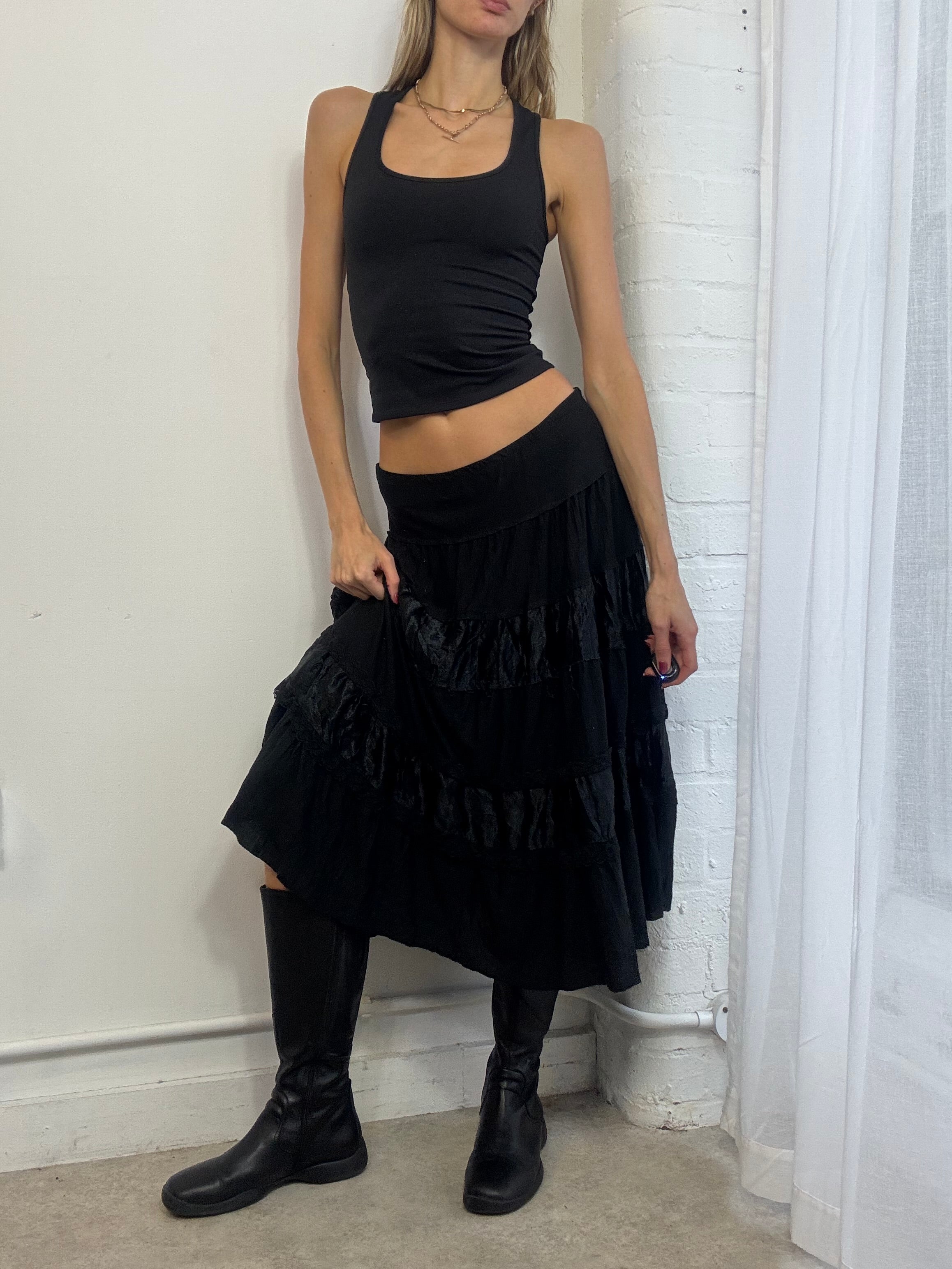 Vintage Y2K black tiered midi skirt