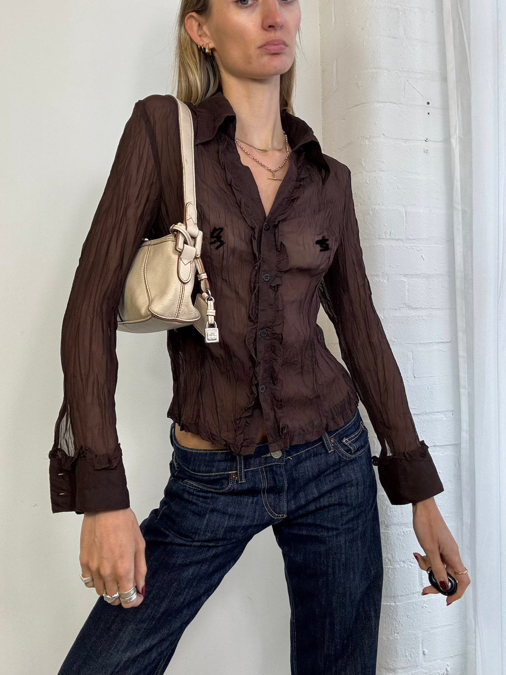 Vintage Y2K brown sheer mesh ruffle shirt
