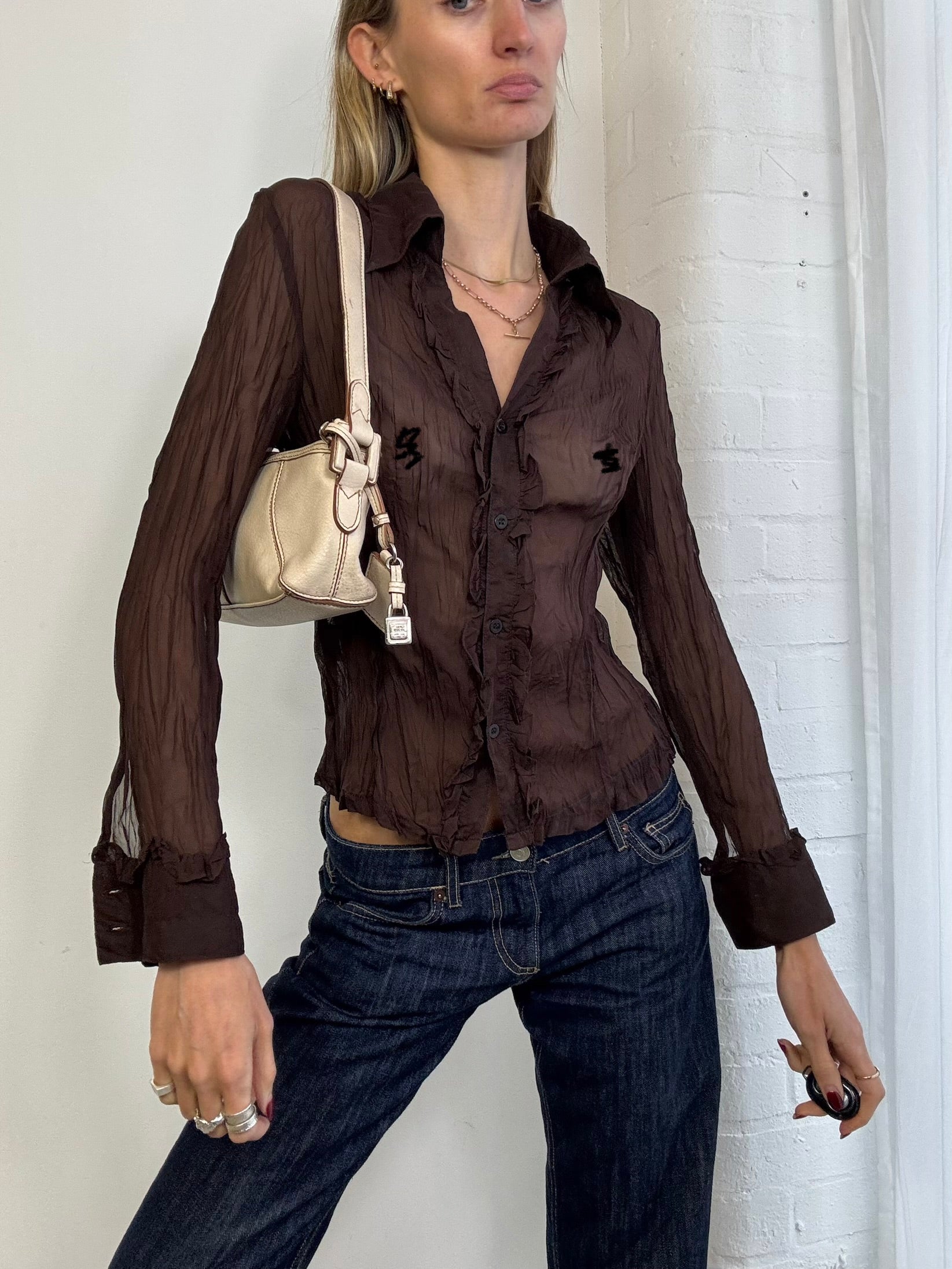 Vintage Y2K brown sheer mesh ruffle shirt