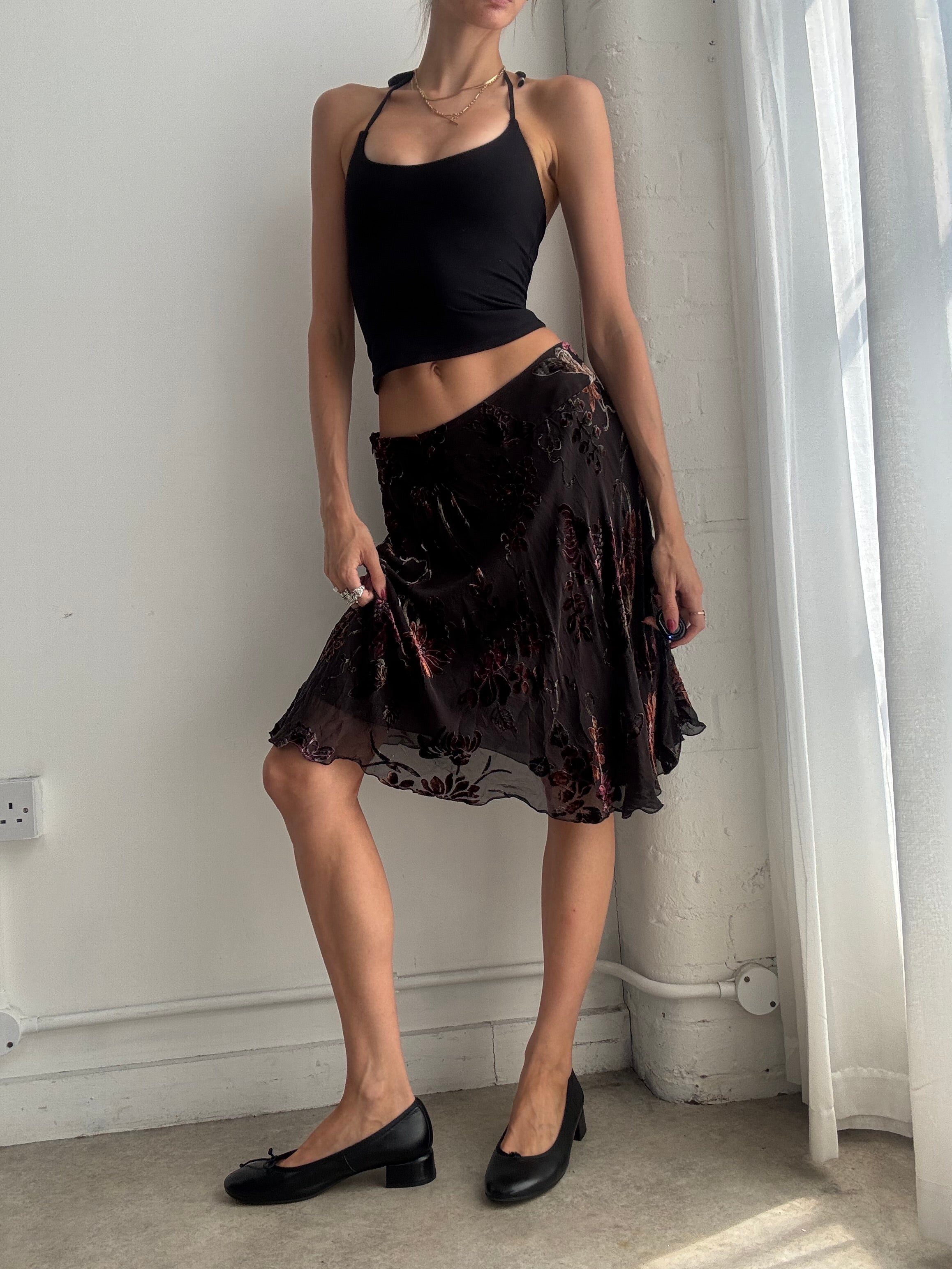 Vintage Y2K Floral Devore Velvet Midi Skirt – Brown Skirt - Size XS