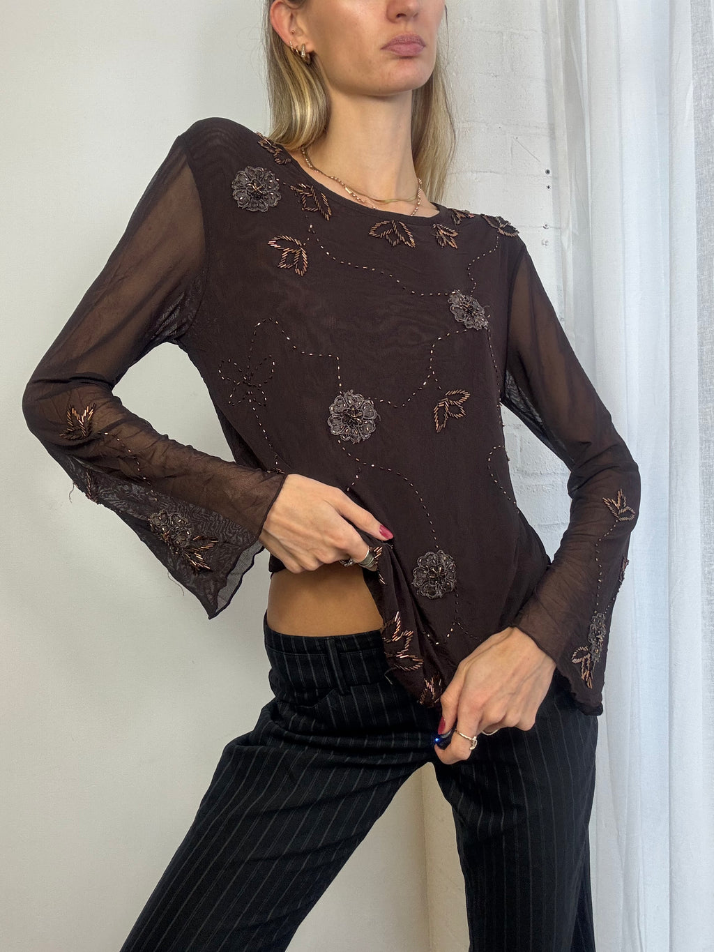 Vintage 90s brown mesh beaded floral top
