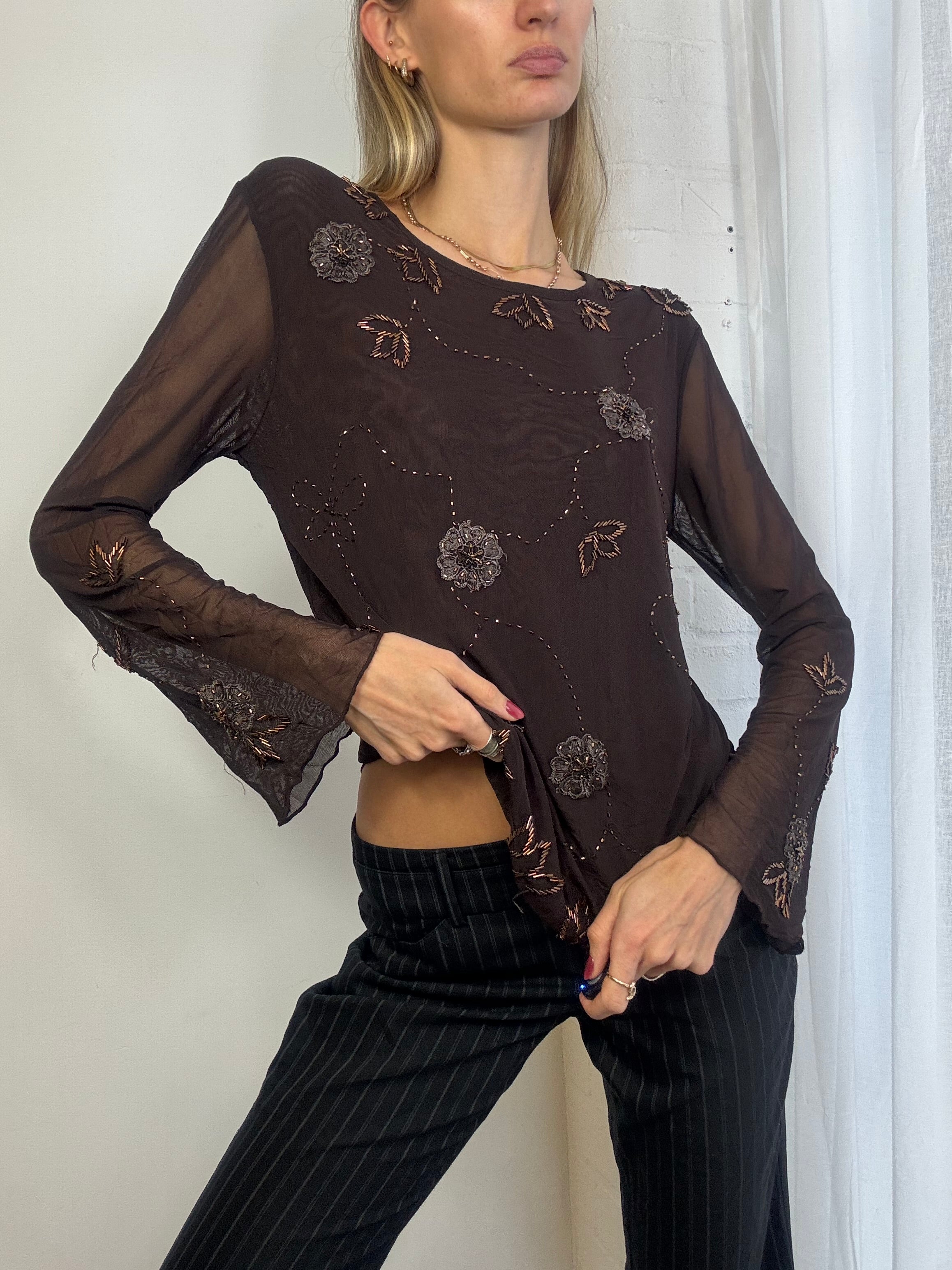 Vintage 90s brown mesh beaded floral top