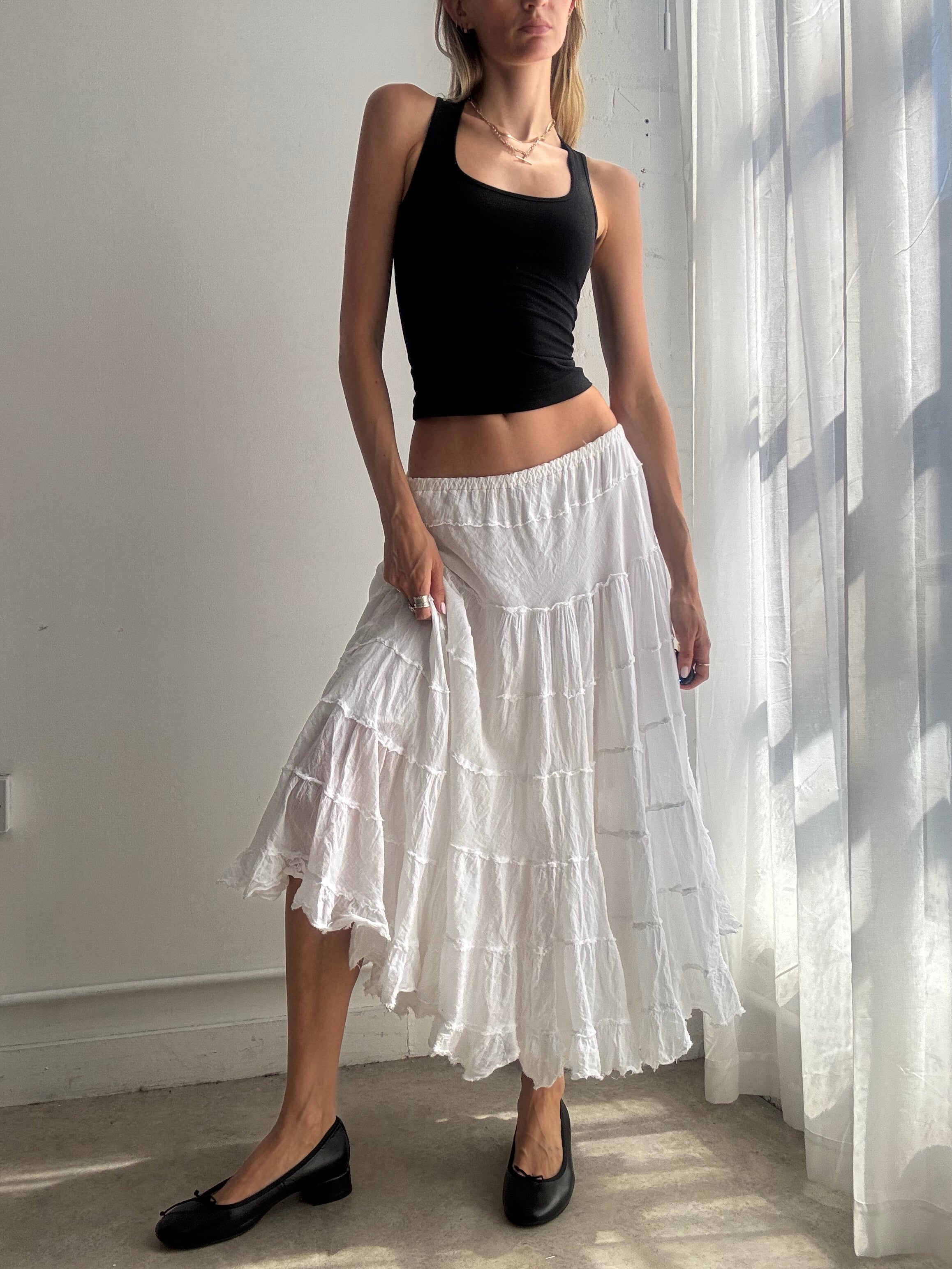 Vintage Y2k White Tiered Boho Midi Skirt Fairy Boho Sequin - Size S/M
