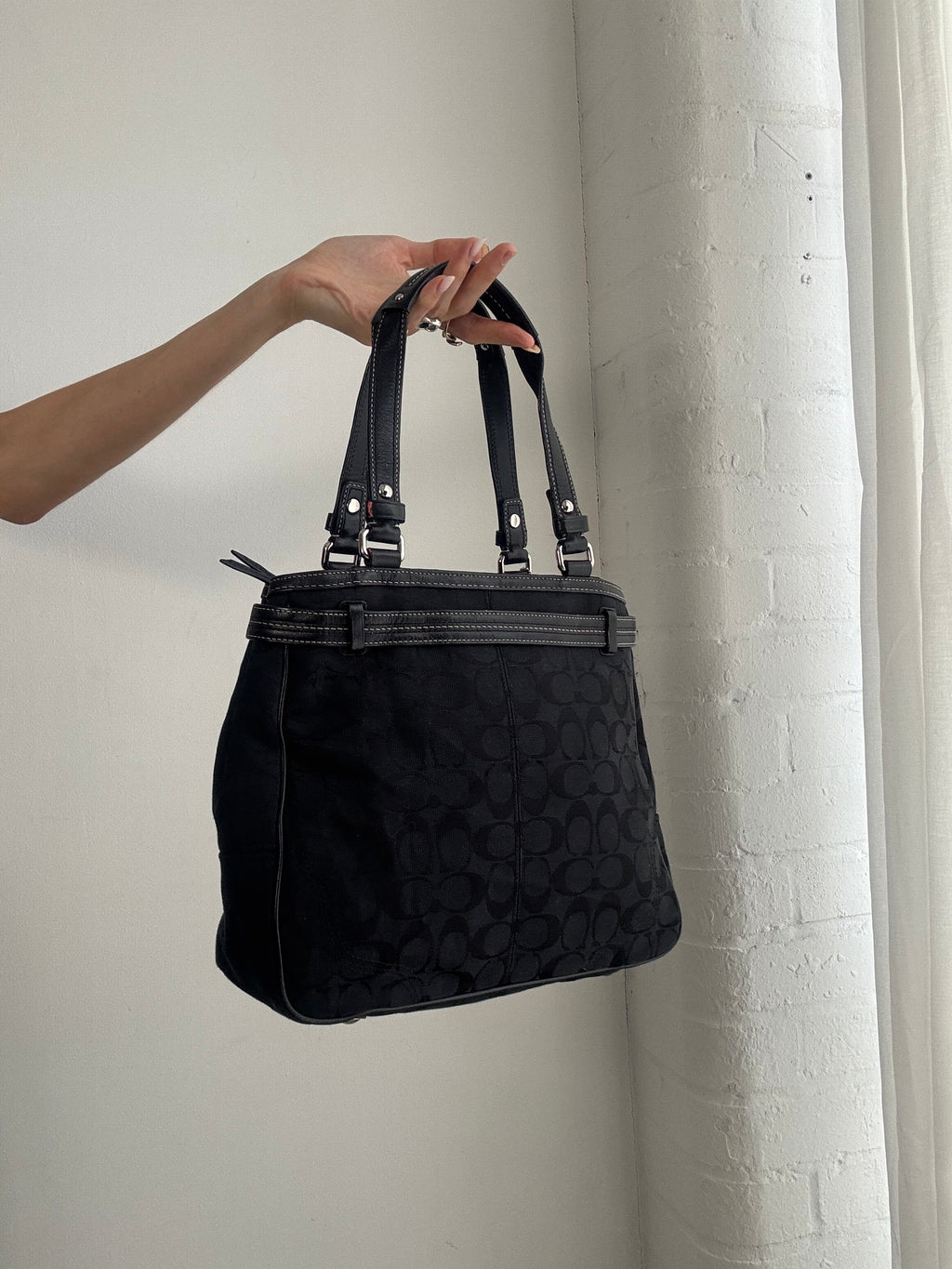 Vintage Y2K Coach Signature Canvas Shoulder Bag – Black Monogram & Python Stripe Tote