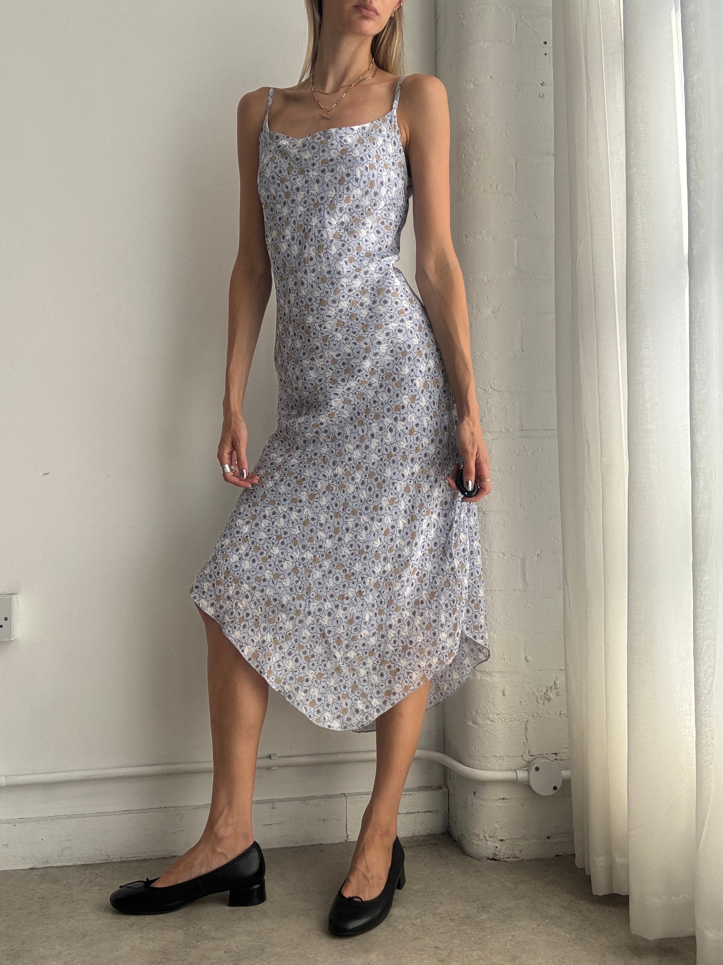 Vintage Y2K Ditsy Floral Asymmetric Blue Midi Dress – Size M