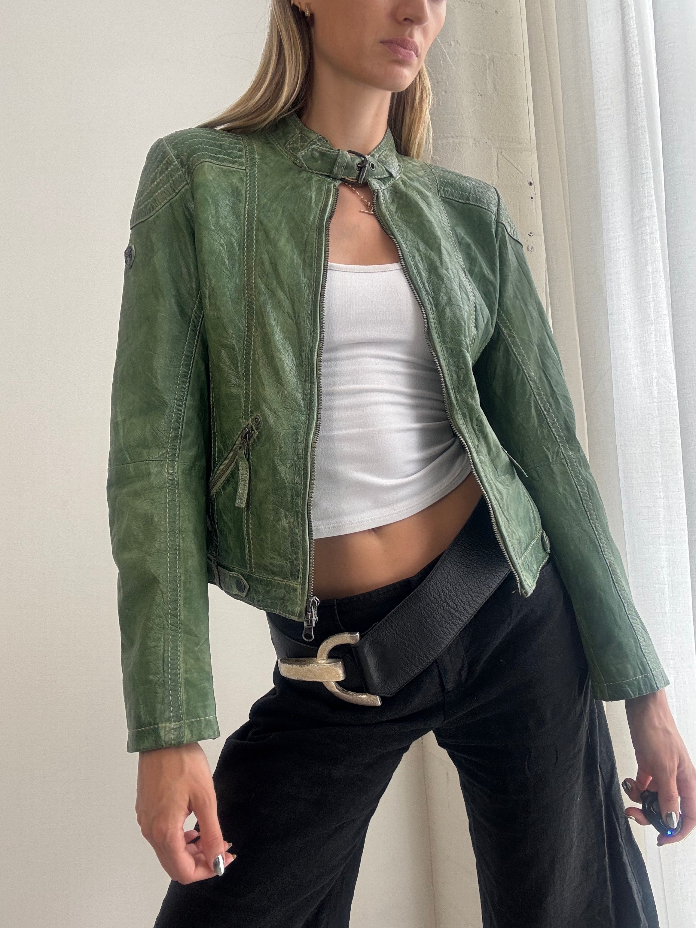 Vintage Y2k Green Leather Distressed Jacket – Fitted Zip-Up Biker Jacket - Size XS/S
