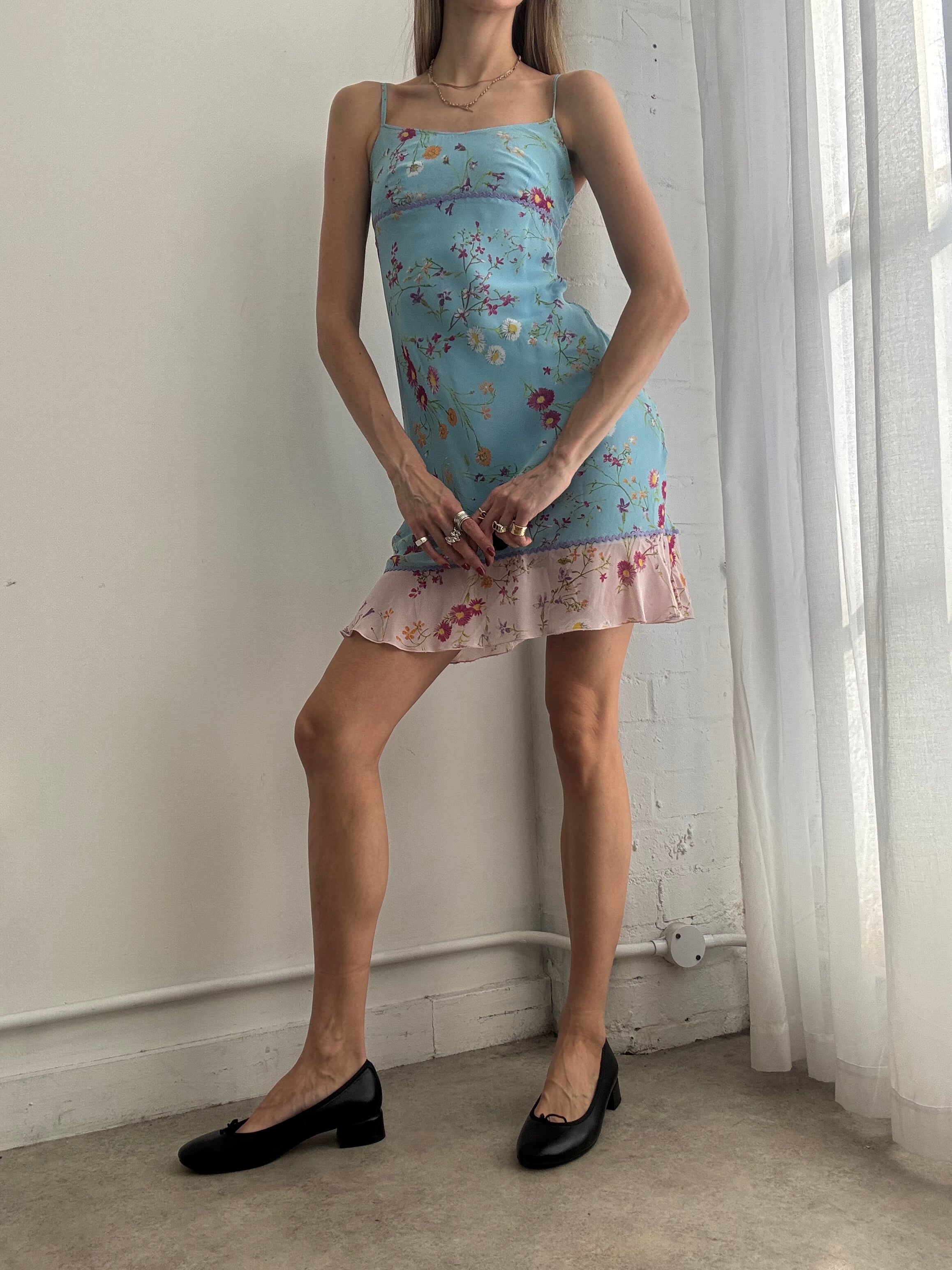 Vintage Y2K blue floral slip mini dress