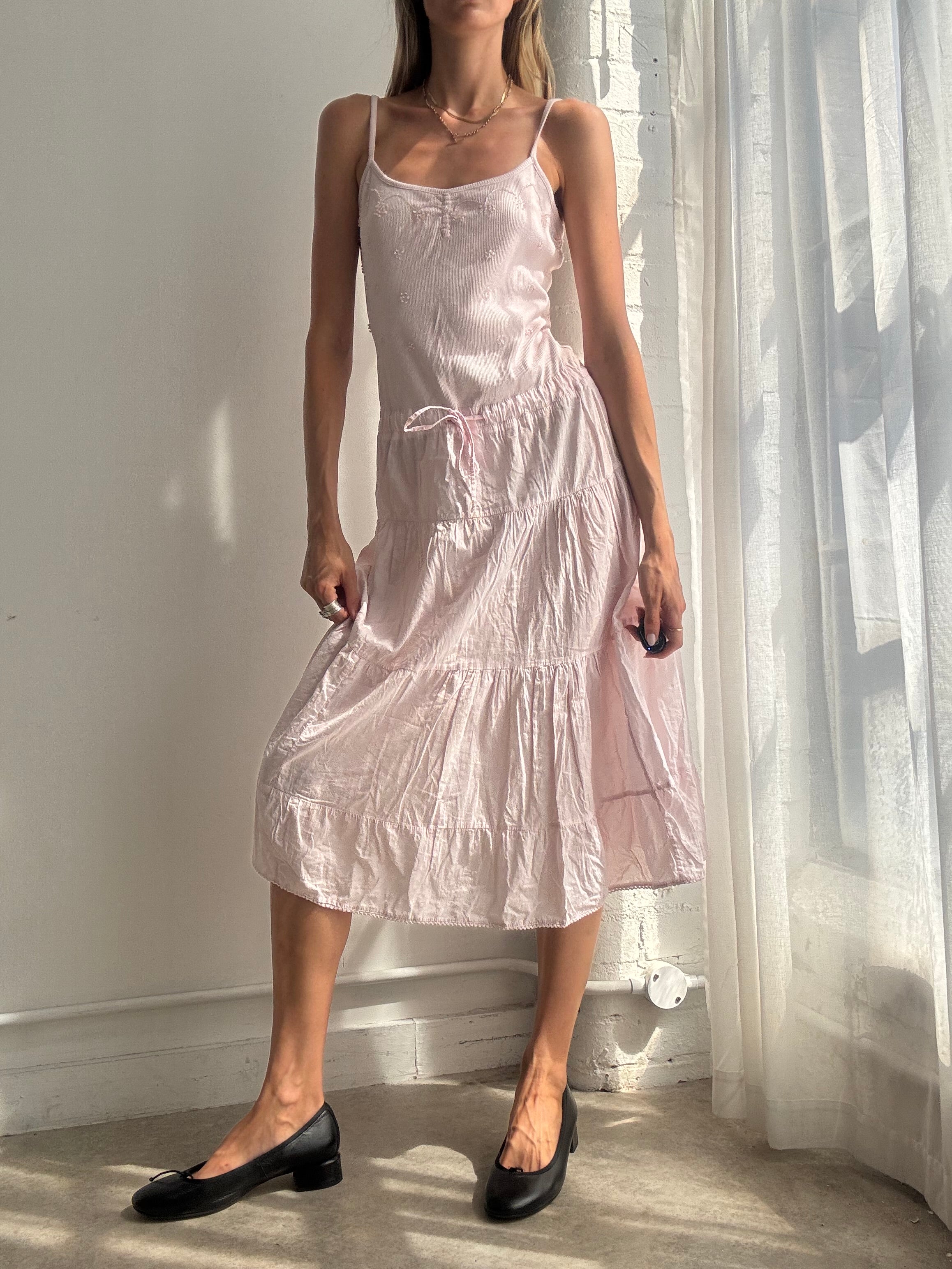 Vintage Y2K Baby Pink Beaded Cotton Midi Dress - Size M