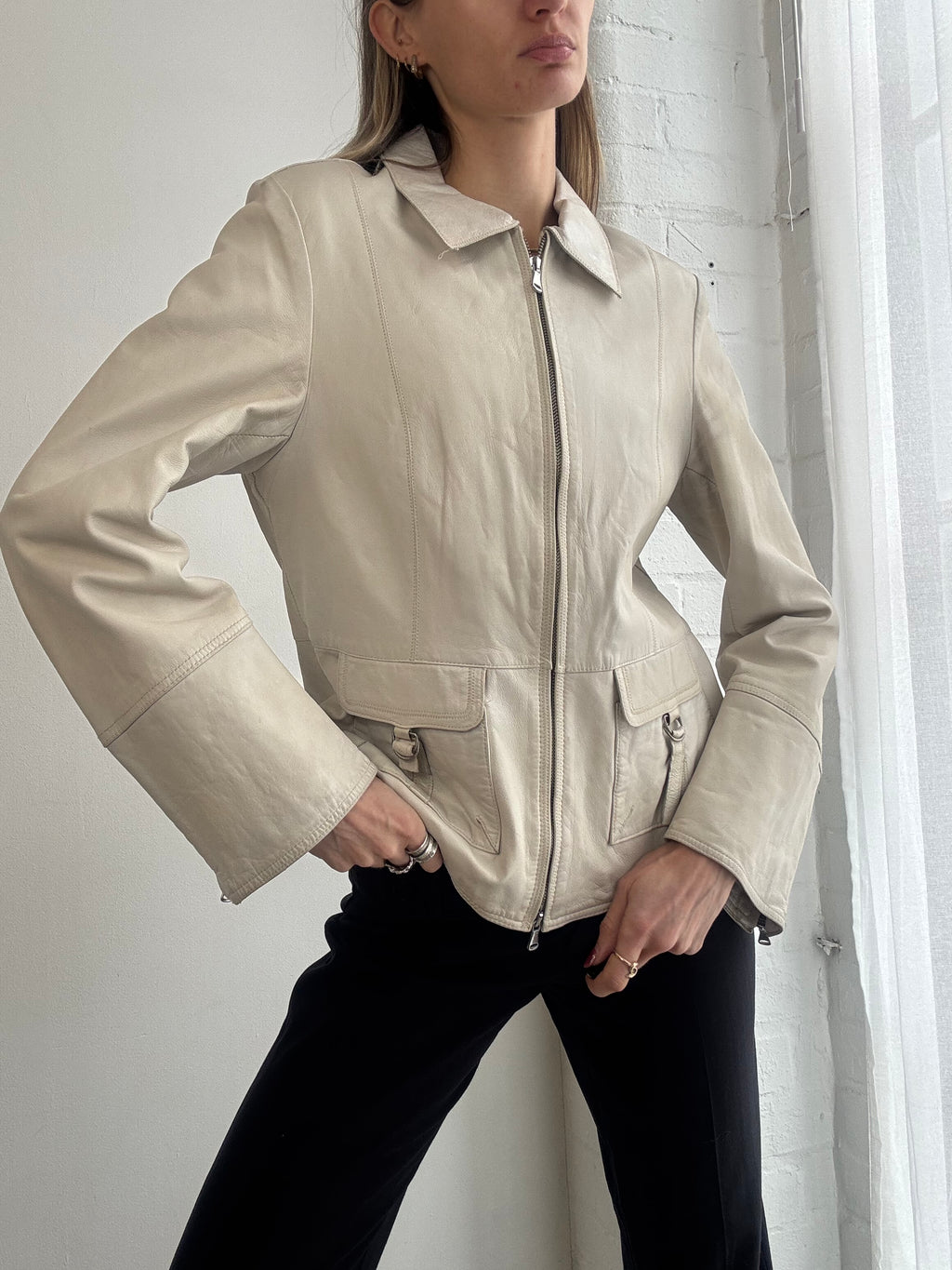 Vintage Y2K cream leather zip jacket