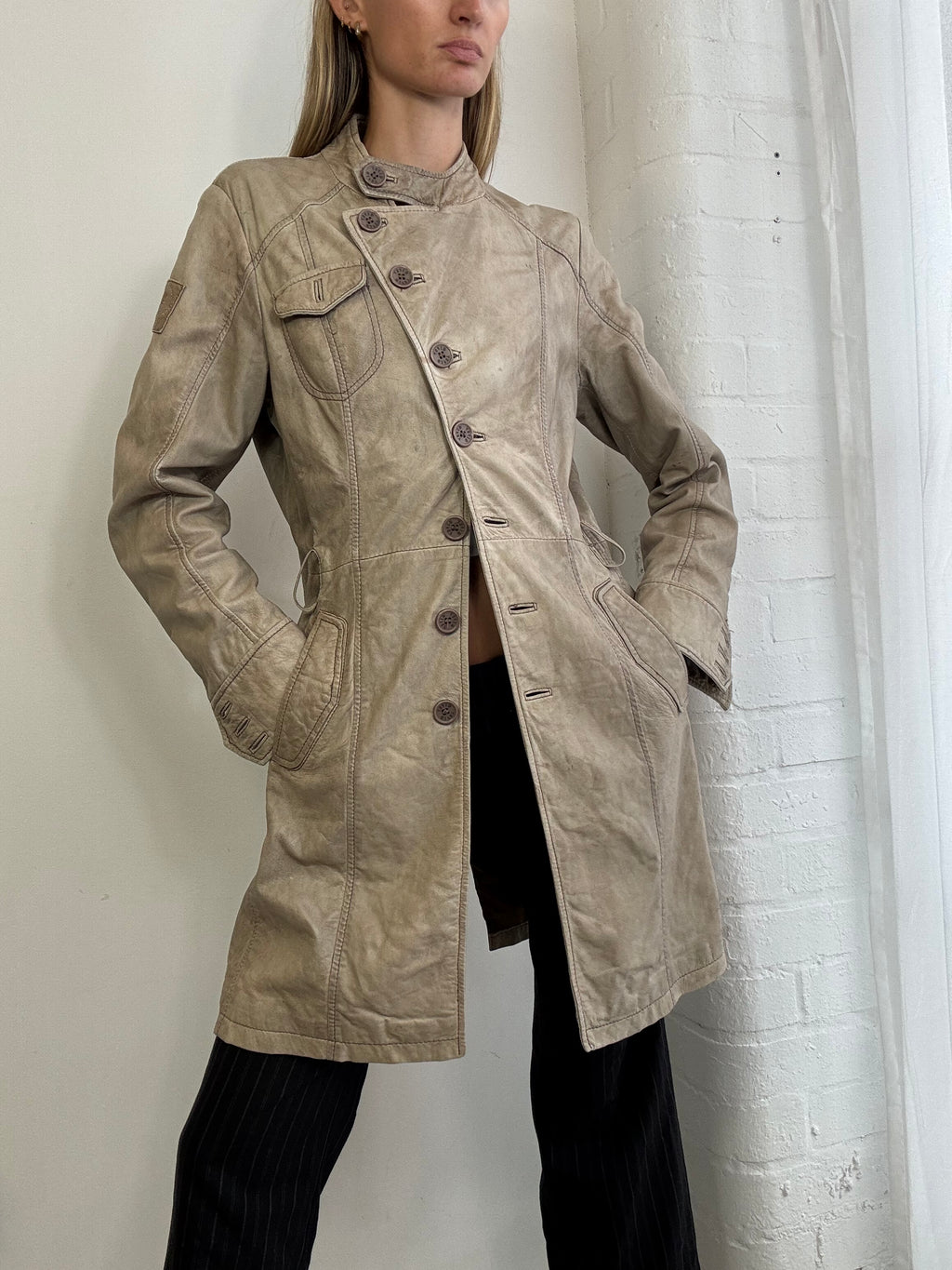 Vintage Y2K asymmetric leather trench coat belted