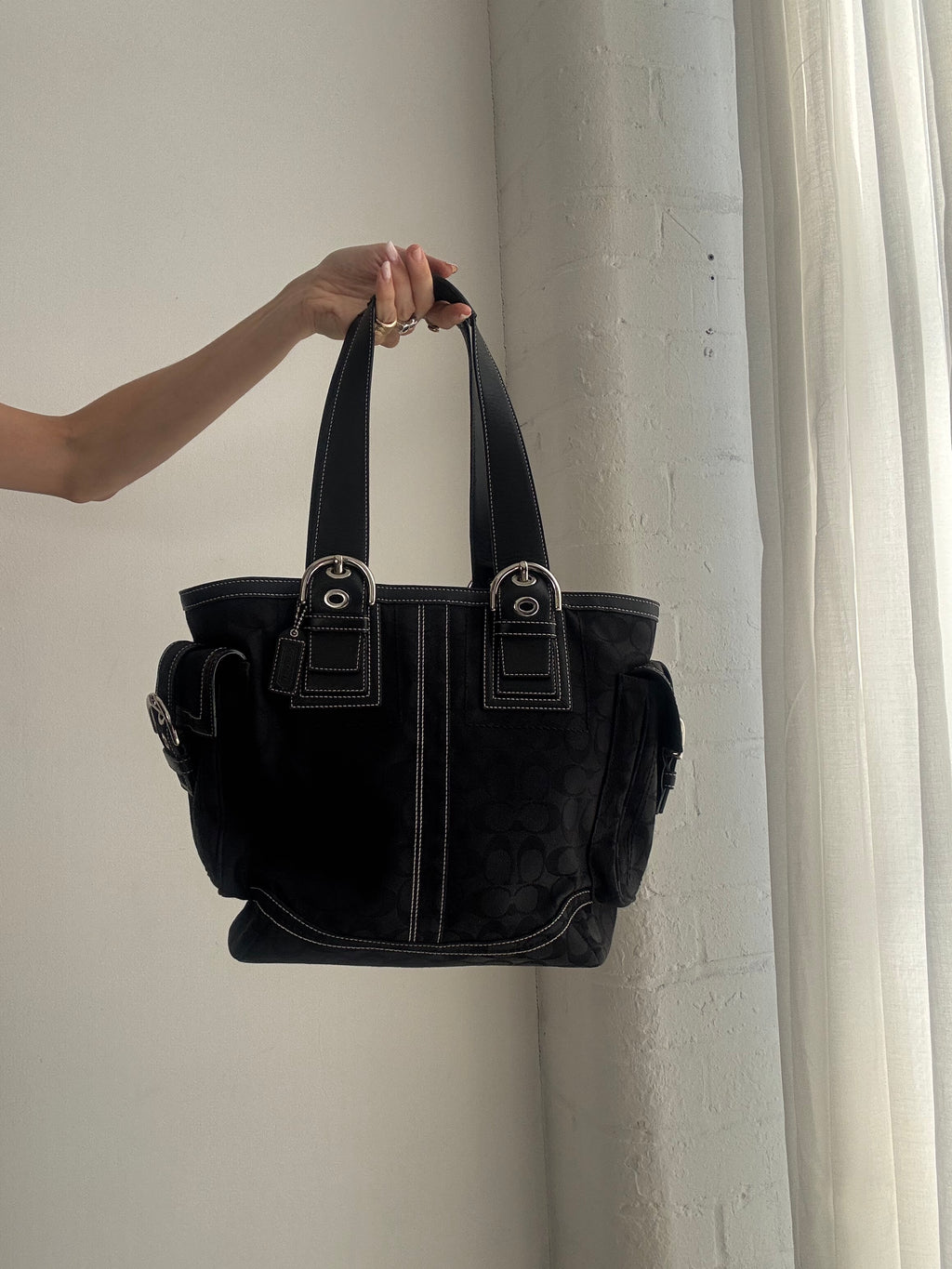 Vintage Y2K Coach Signature Tote Bag – Black Monogram Canvas Shoulder Handbag