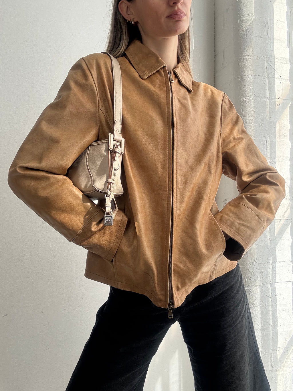 Vintage Y2K tan leather dual zip jacket - Size M