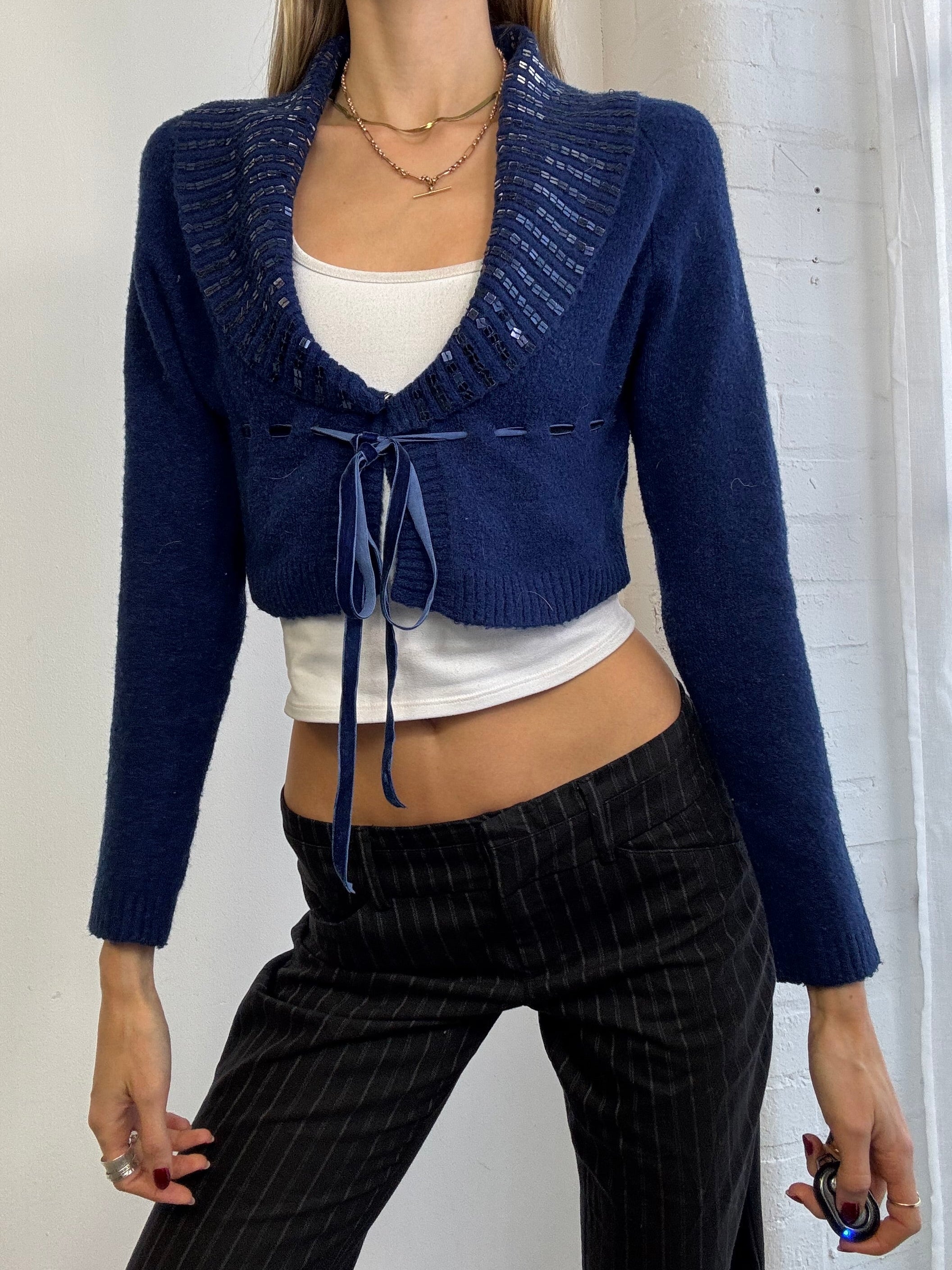 Vintage Y2K blue knitted crop cardigan sequin