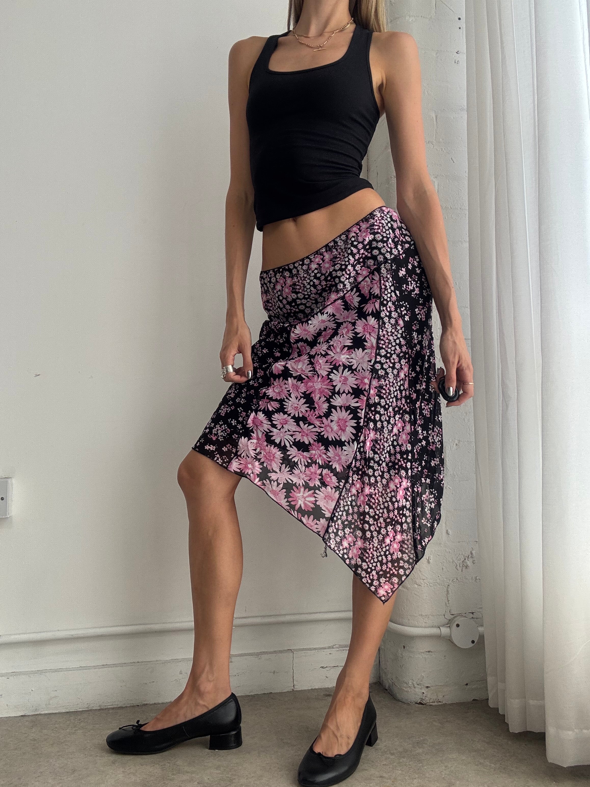 Vintage Y2K Pink Floral Asymmetric Midi Skirt – Bias Cut Handkerchief Hem Skirt - Size XS