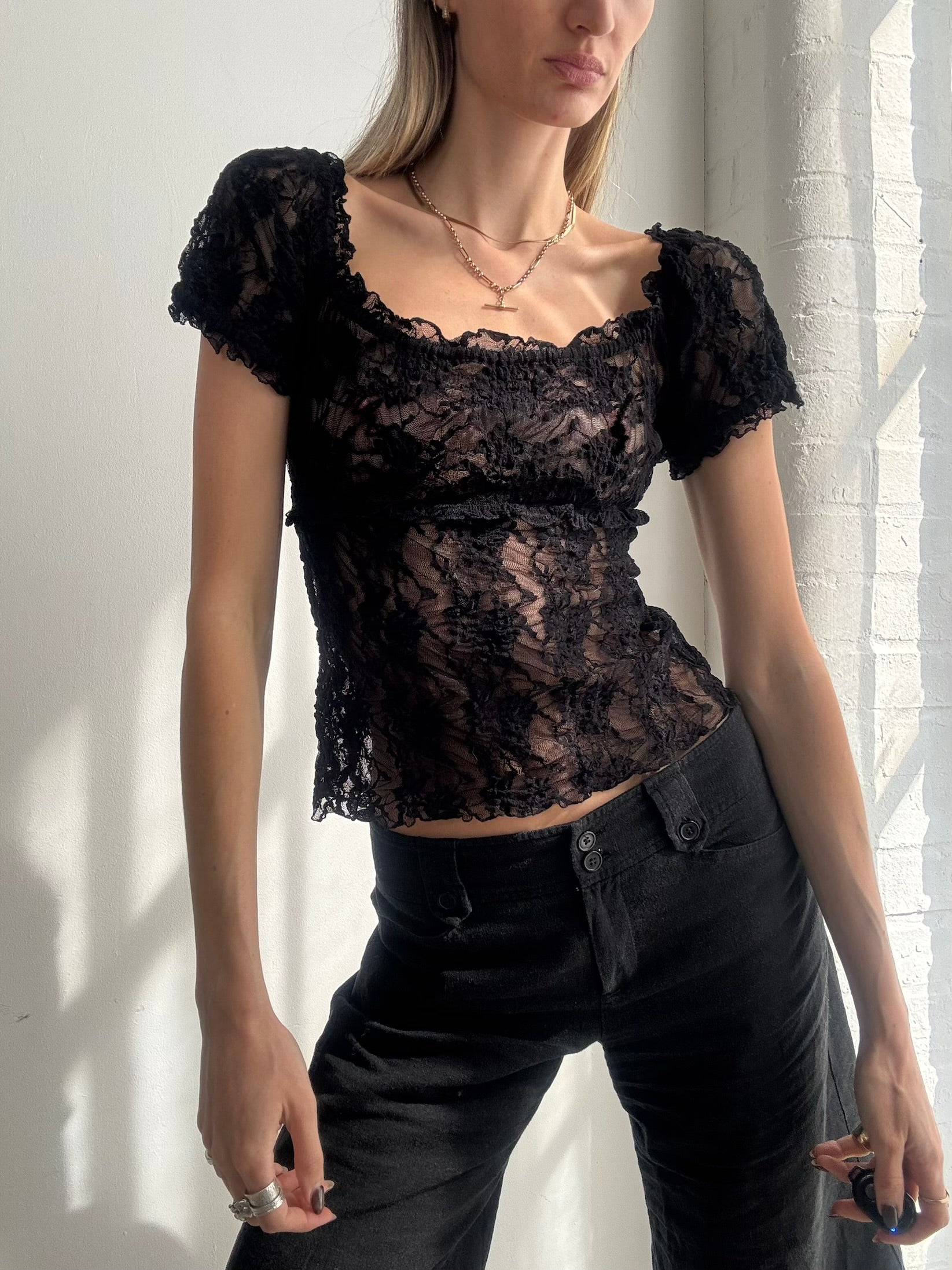 Vintage Y2K black lace sheer top - Size S