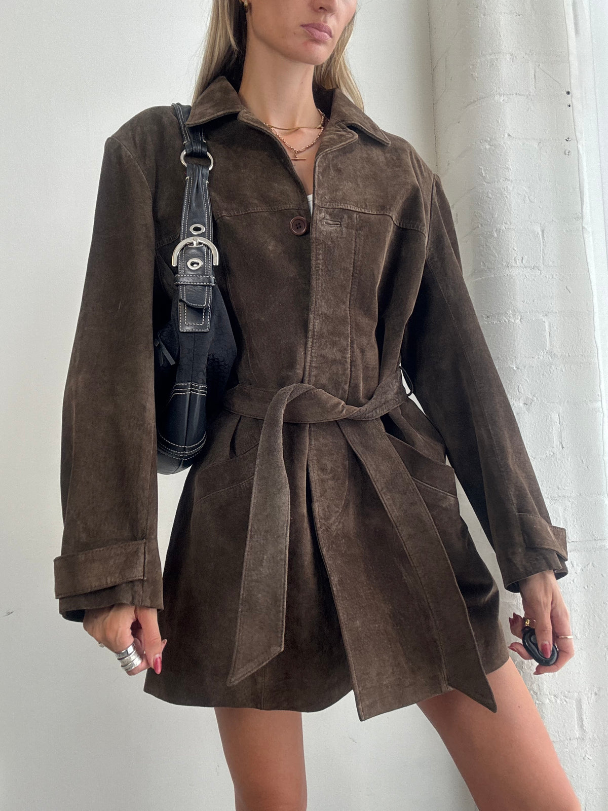 Vintage 90's Chocolate Brown Suede Belted Jacket - Size M