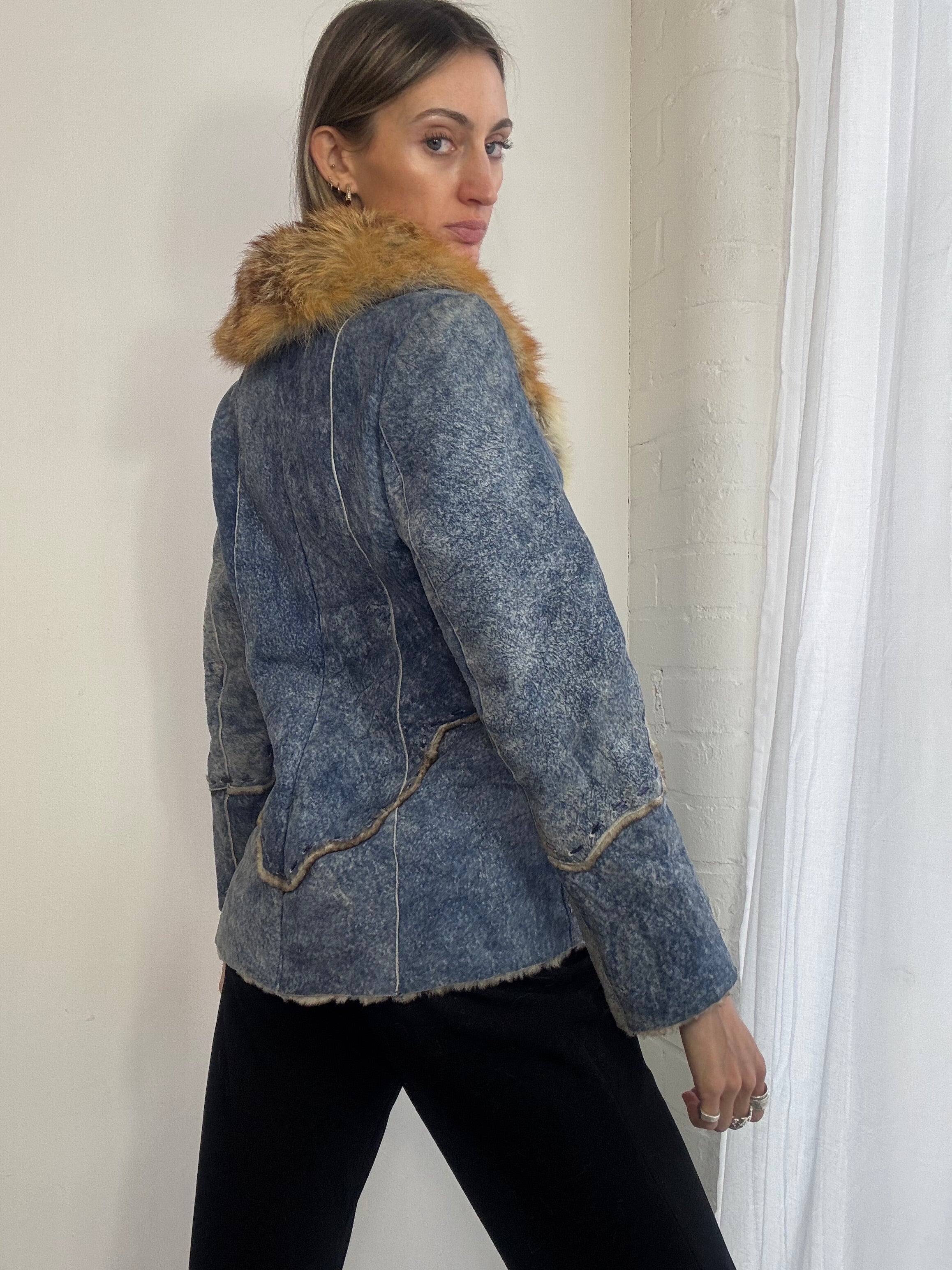 Vintage Y2K blue suede jacket fox fur trim