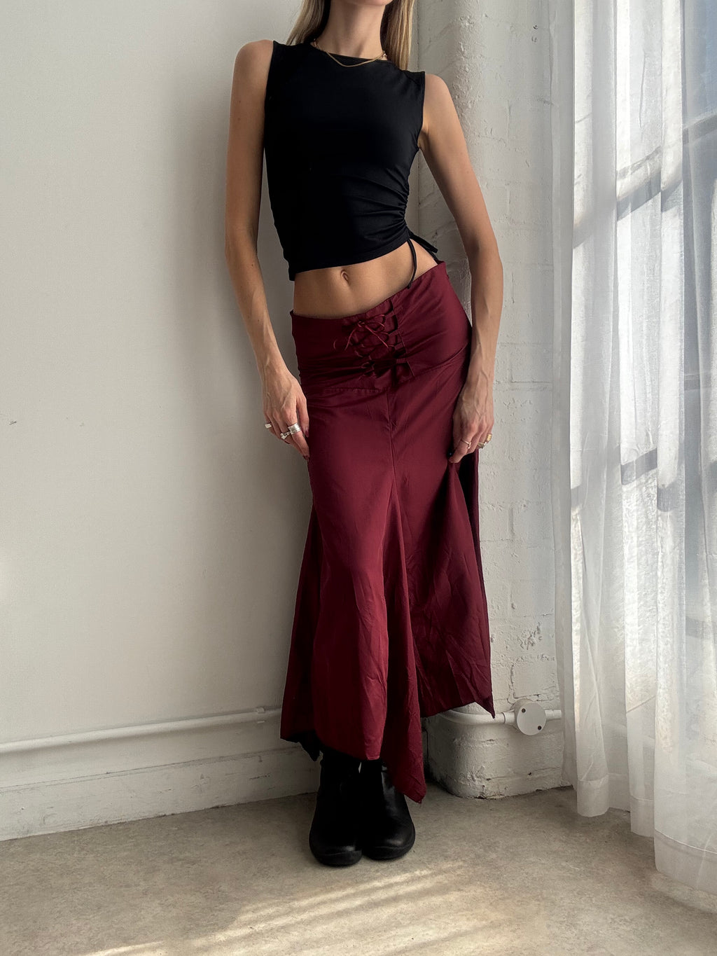 Vintage Y2K burgundy asymmetric midi skirt
