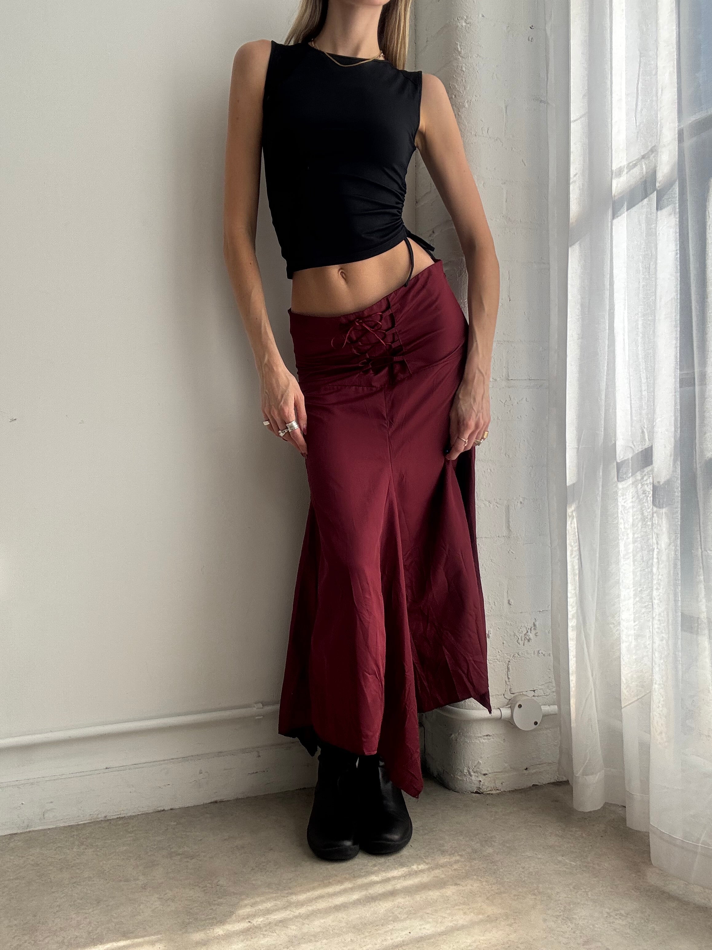 Vintage Y2K burgundy asymmetric midi skirt