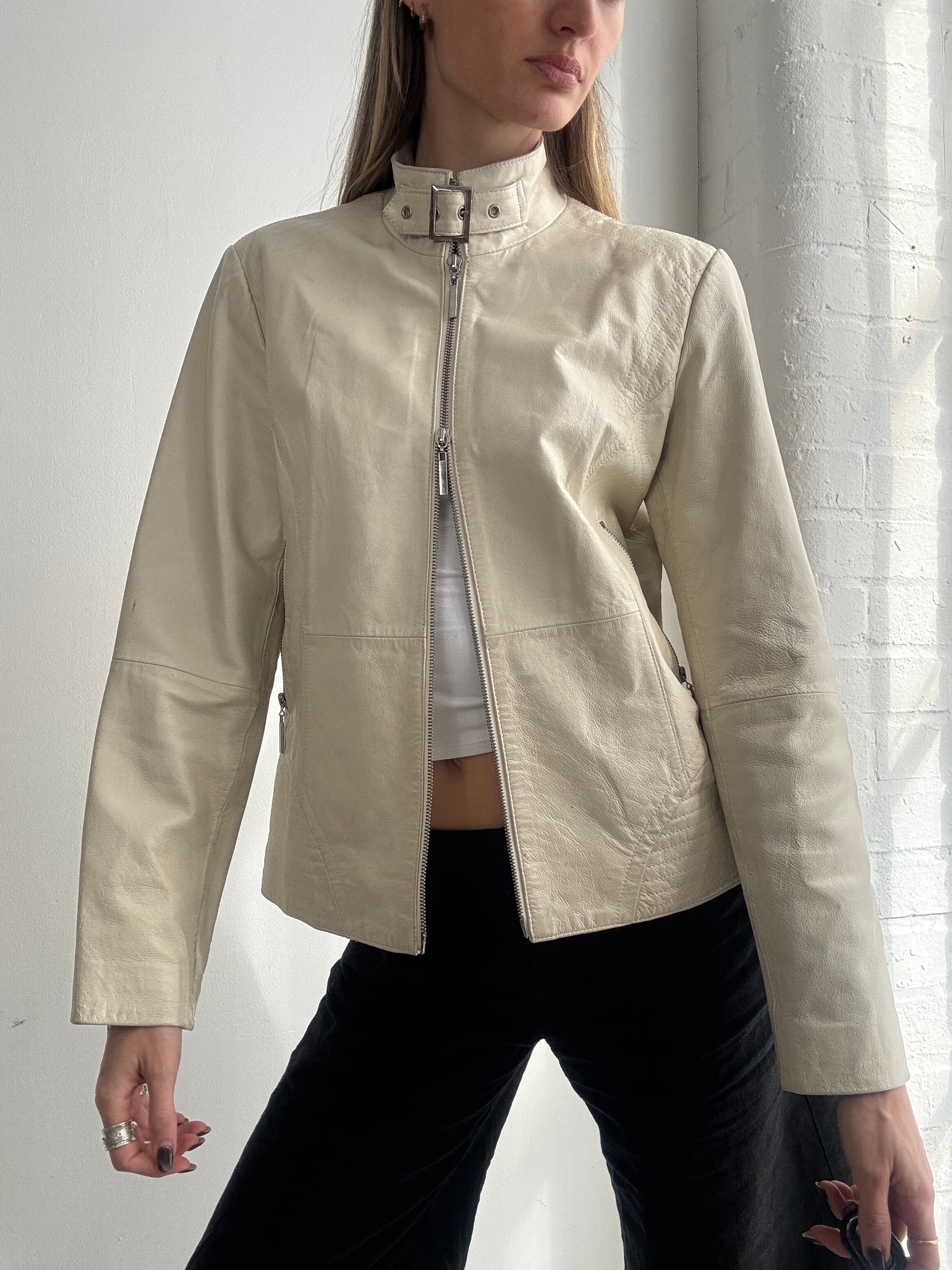 Vintage Y2K cream leather biker jacket - Size M