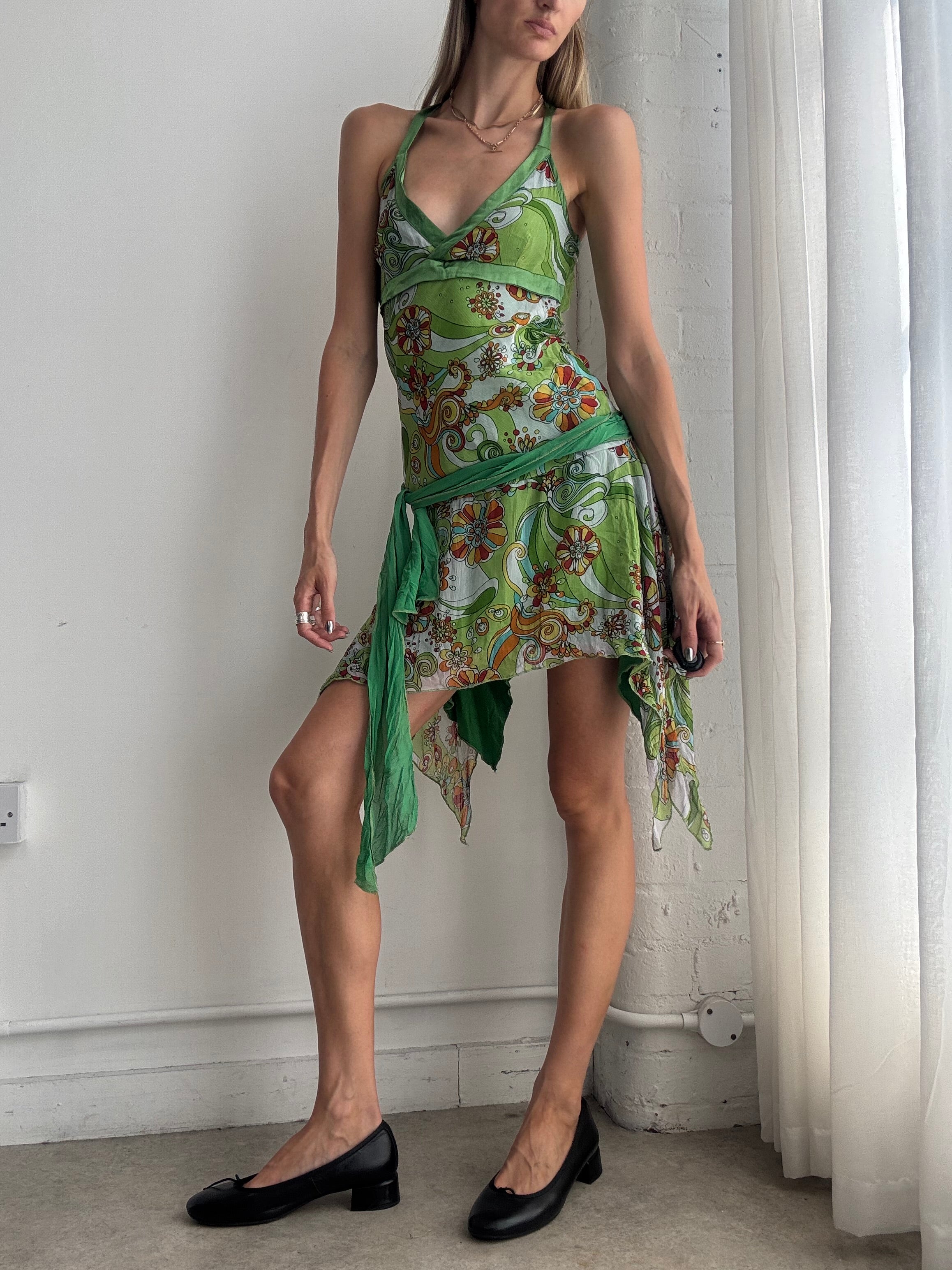 Vintage Y2K Green Floral Mesh Handkerchief Hem Mini Dress – Size XS/S