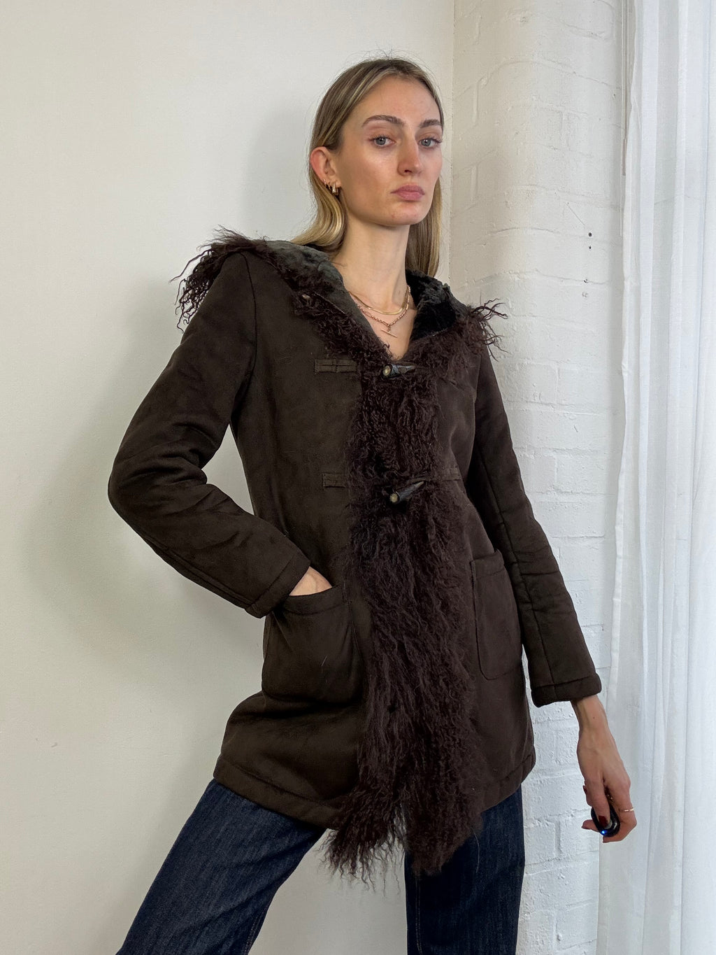Vintage Y2K brown faux suede hooded coat with Mongolian fur trim