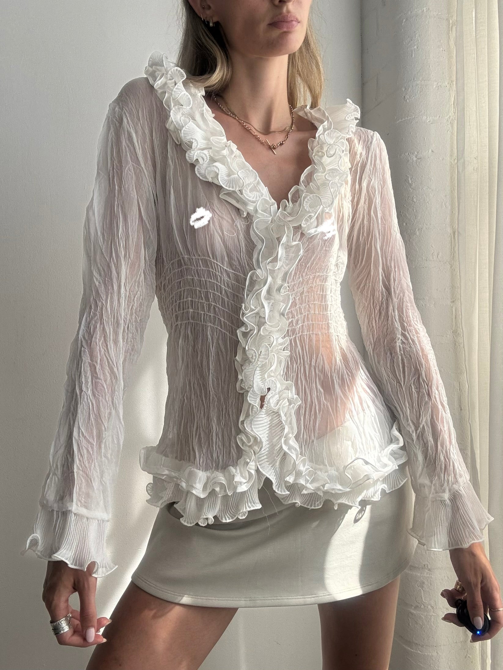 Vintage Y2k Sheer Silk Ruffle Blouse - Size L
