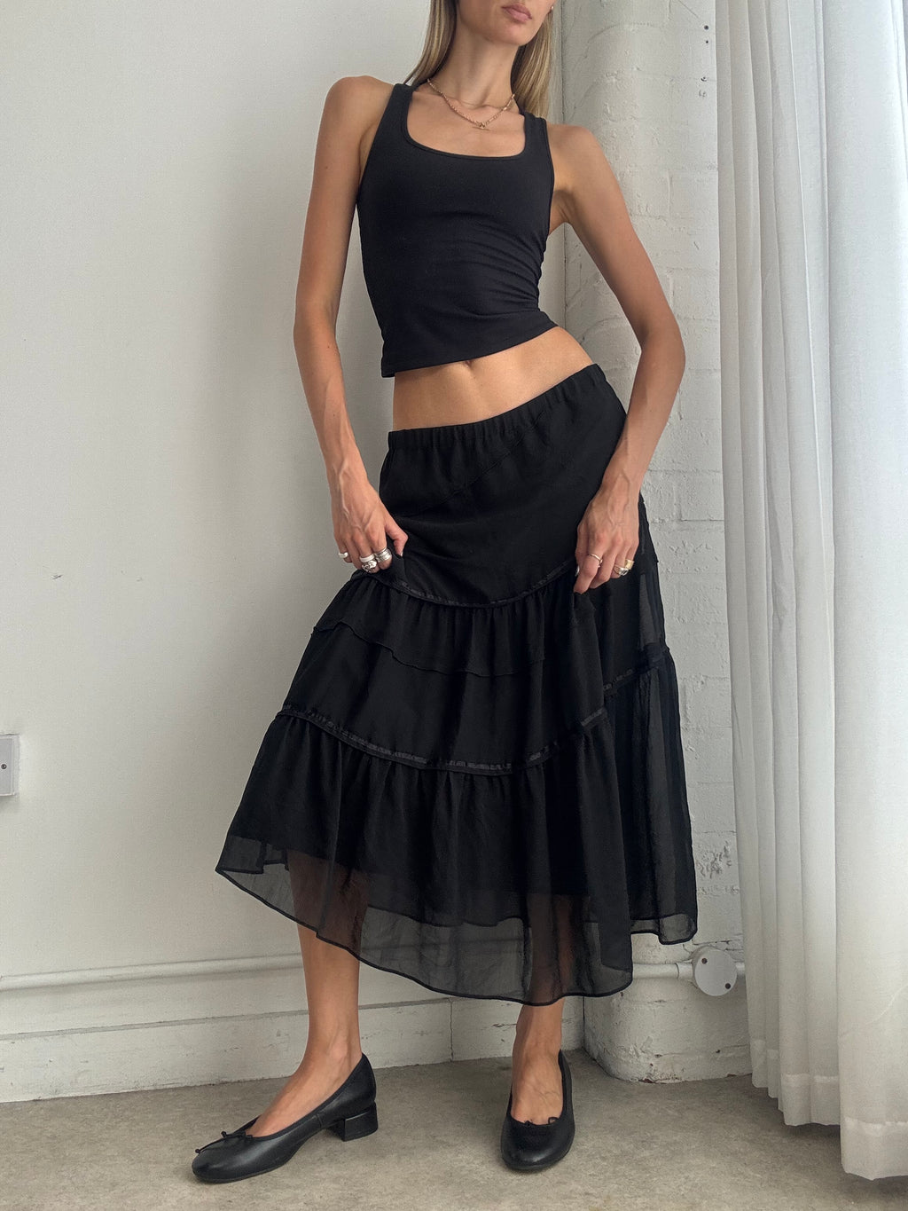Vintage Y2K Black Sheer Tiered Maxi Skirt – Boho Chiffon Floaty Skirt - Size M