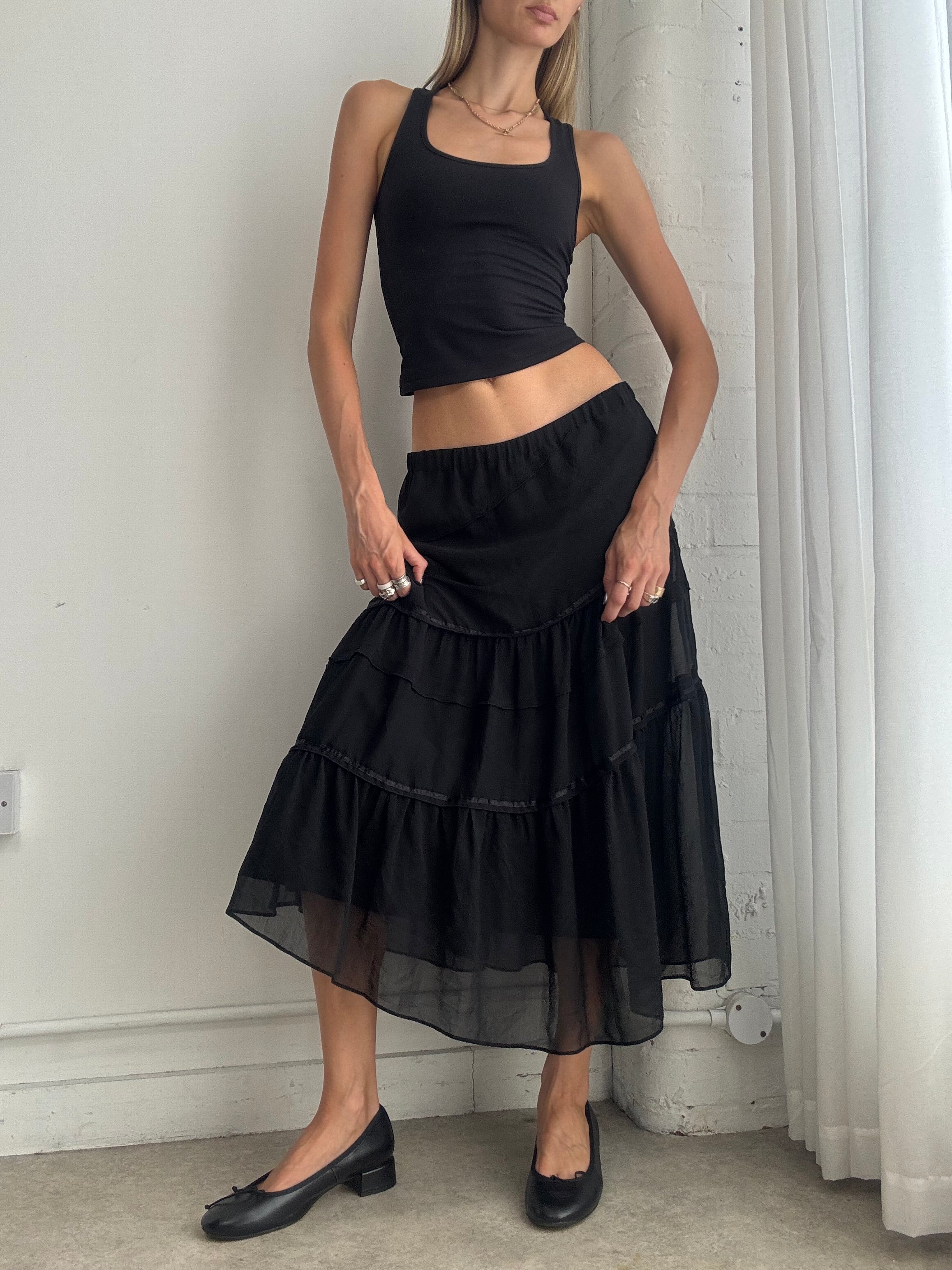 Vintage Y2K Black Sheer Tiered Maxi Skirt – Boho Chiffon Floaty Skirt - Size M