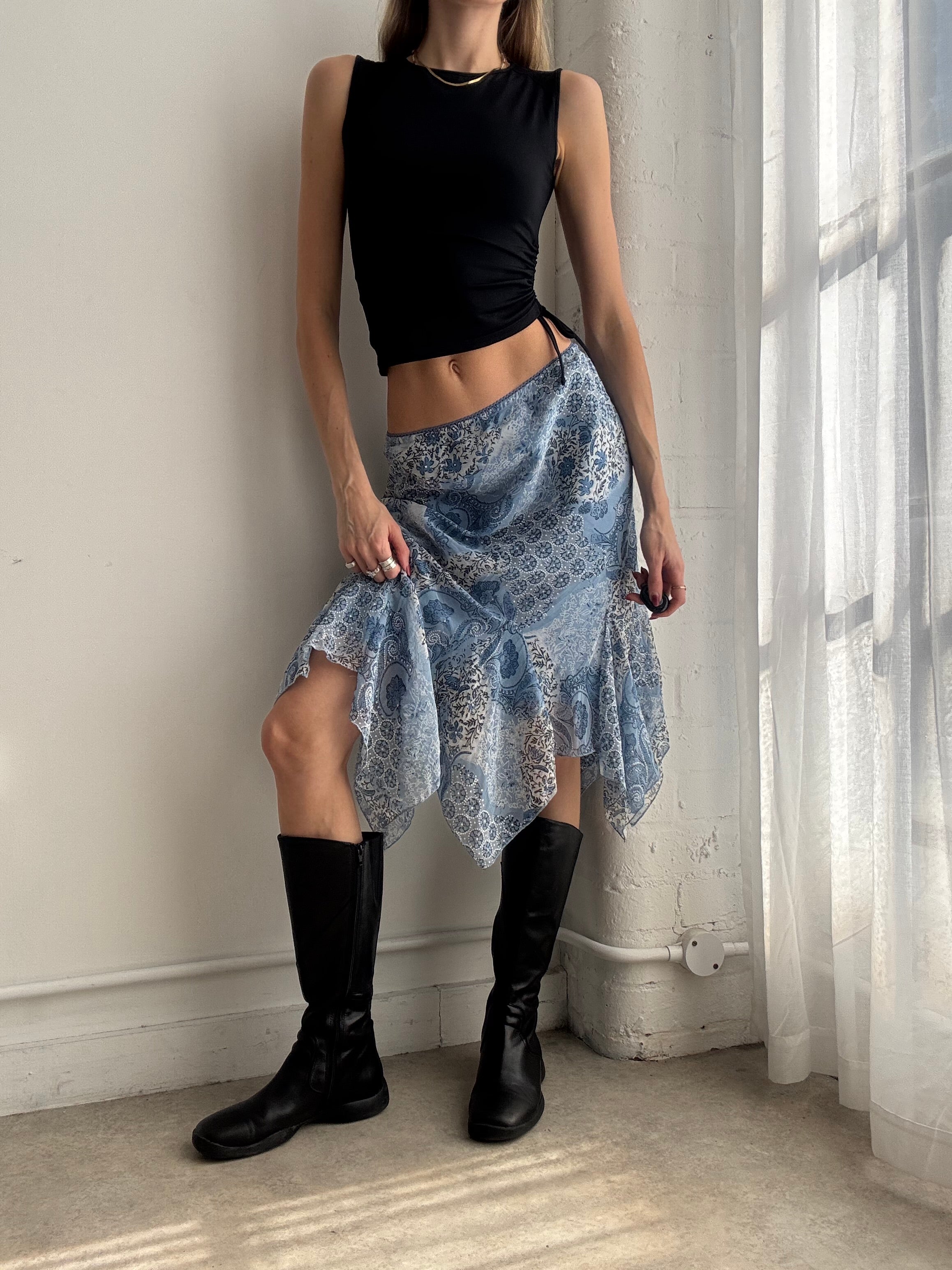 Vintage Y2K blue floral asymmetric mesh skirt