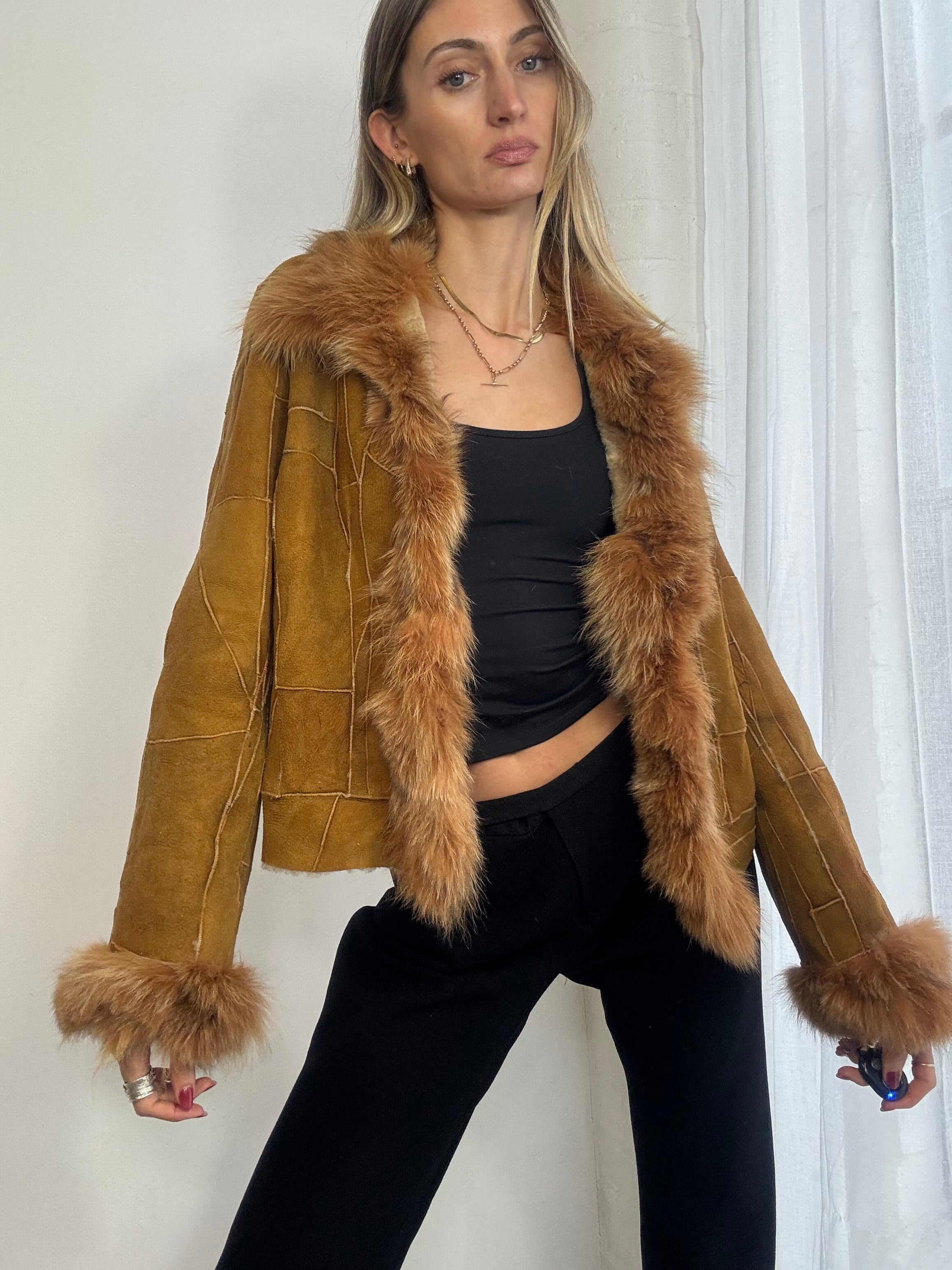 Vintage Y2K patchwork suede Afghan fur trim coat