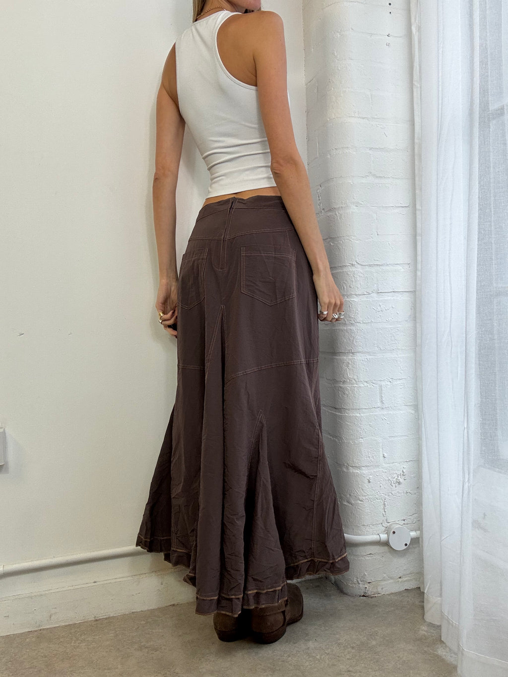Vintage Y2K brown nylon maxi skirt