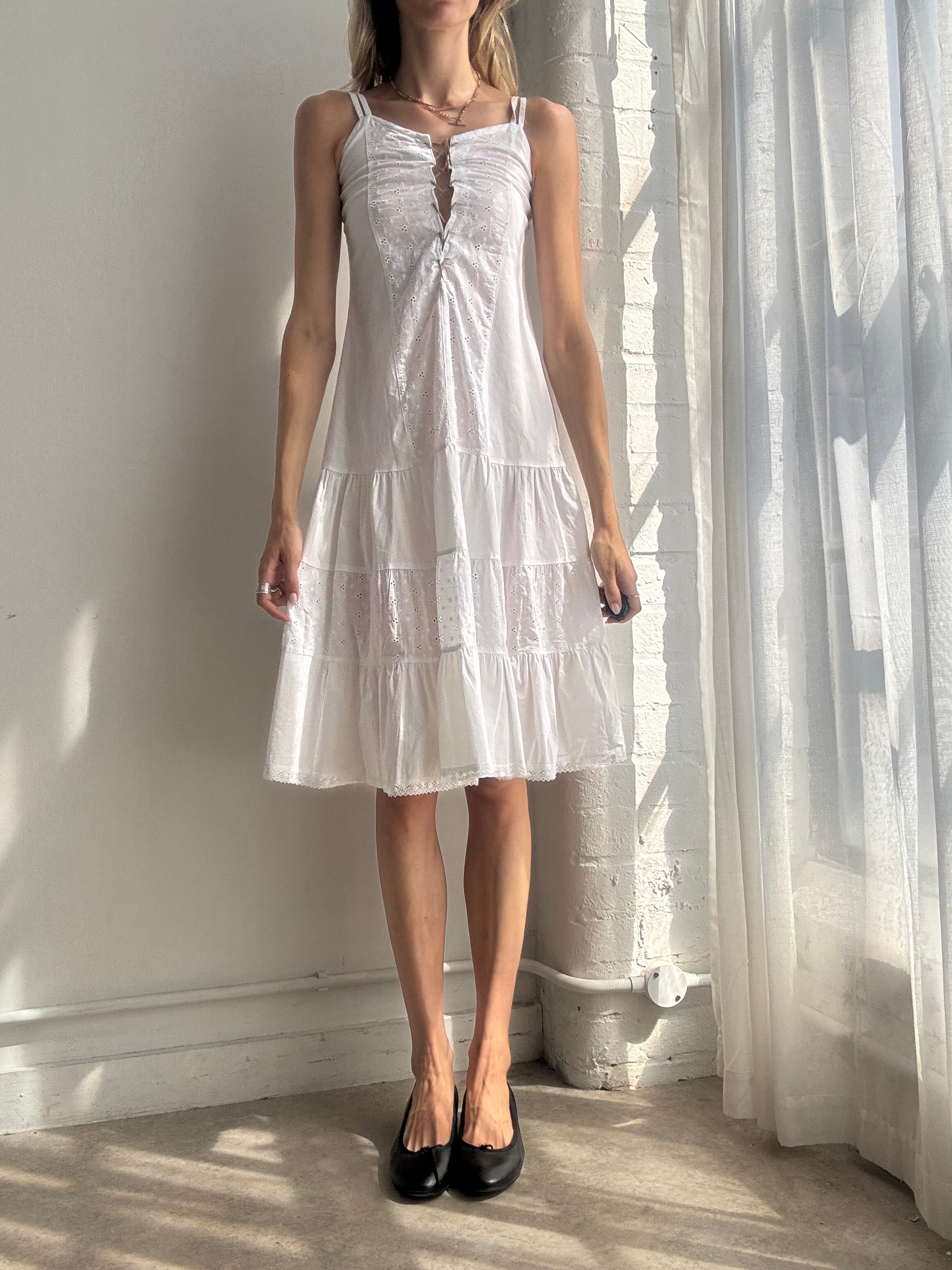 Vintage White Tiered Cotton Midi Dress - Size XS