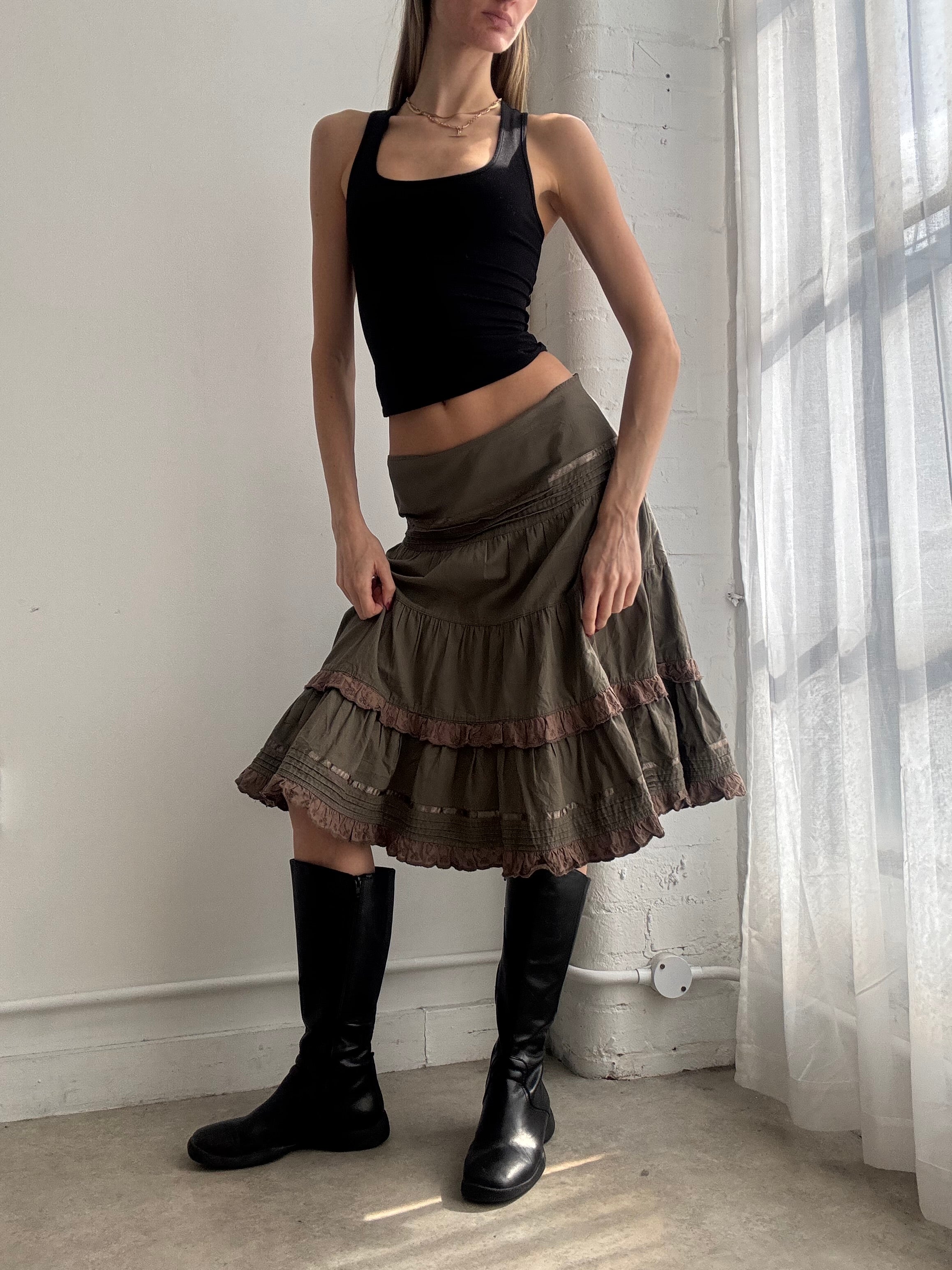 Vintage Y2K khaki tiered boho midi skirt ruffle