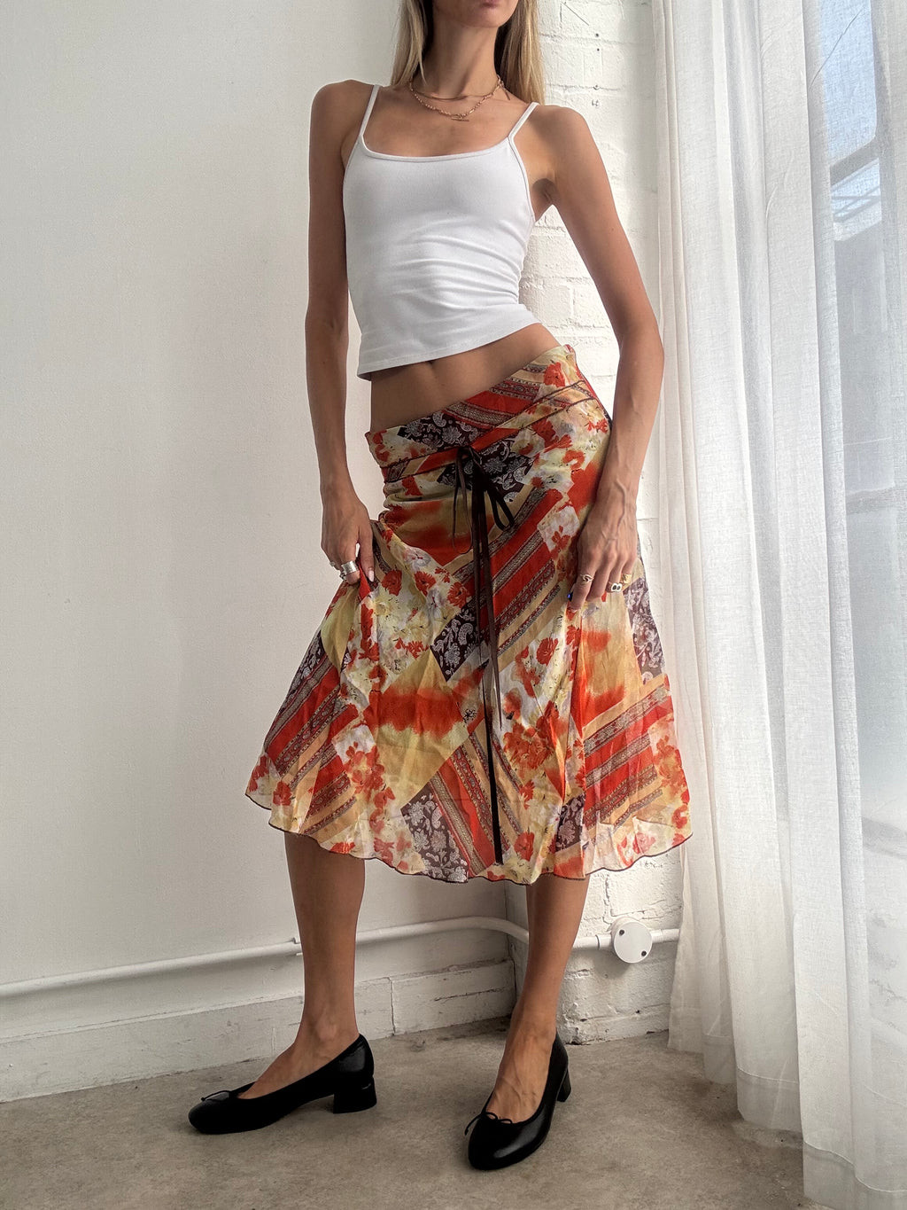 Vintage Y2K Orange Abstract Mesh Midi Skirt - Size M