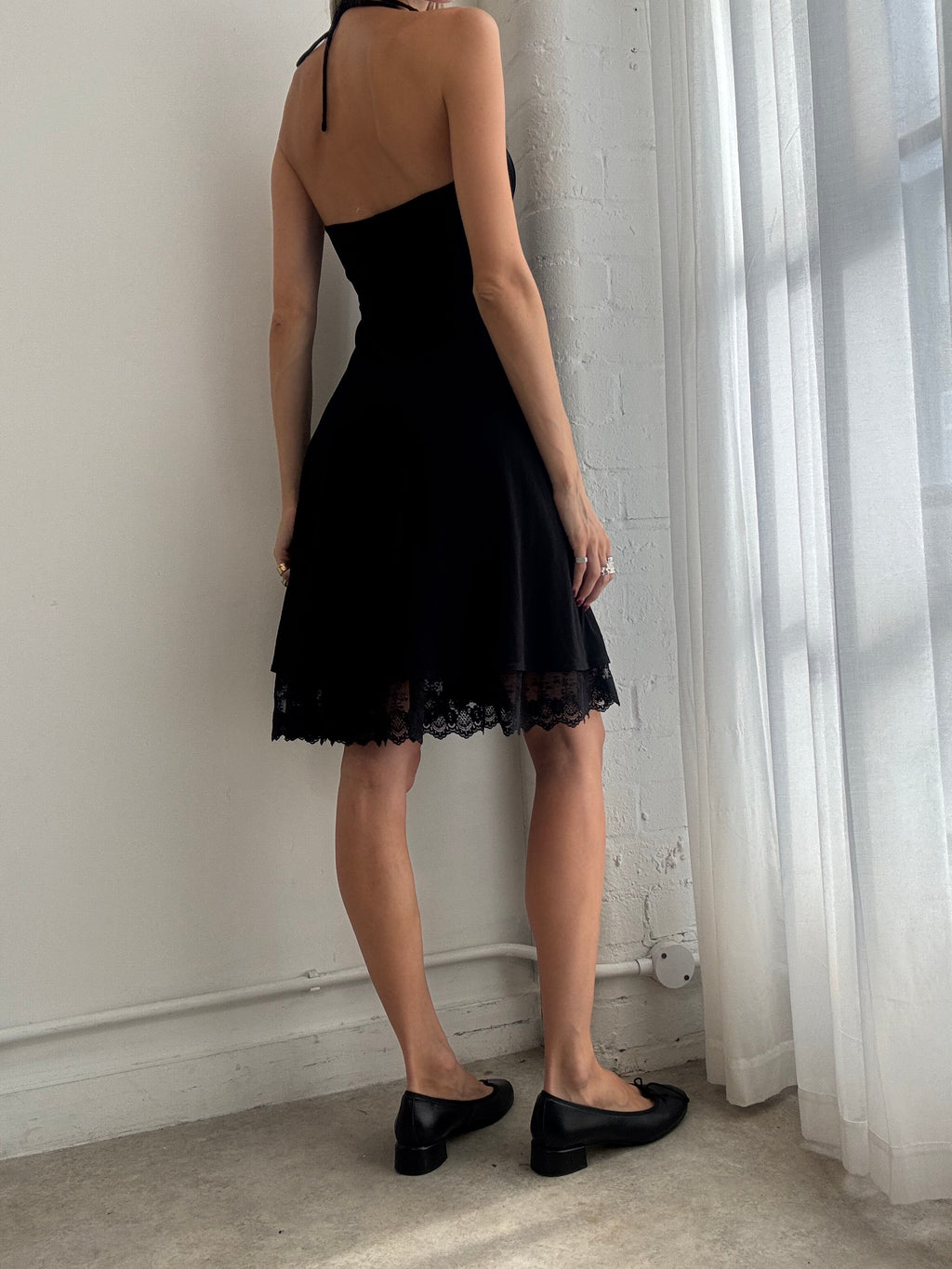 Vintage Y2K Black Lace Trim Halter Dress - Size XS/S