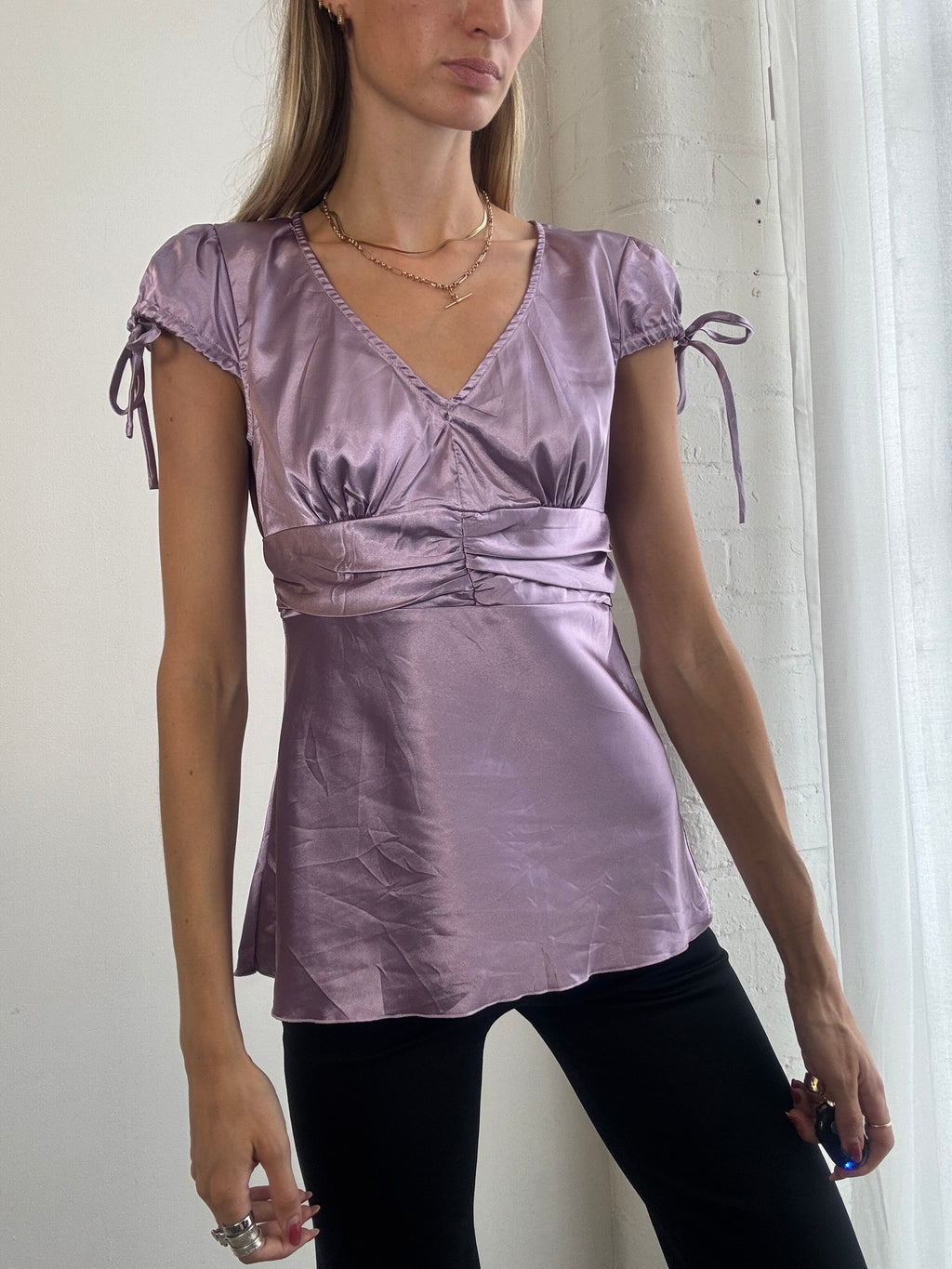 Vintage Y2K Lilac Satin Ruched Top Blouse - Size M
